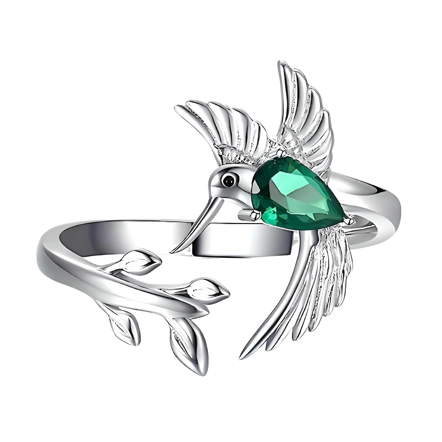 Sterling Silver Hummingbird Ring with Enamel Flowers, Adjustable, Turquoise and Purple