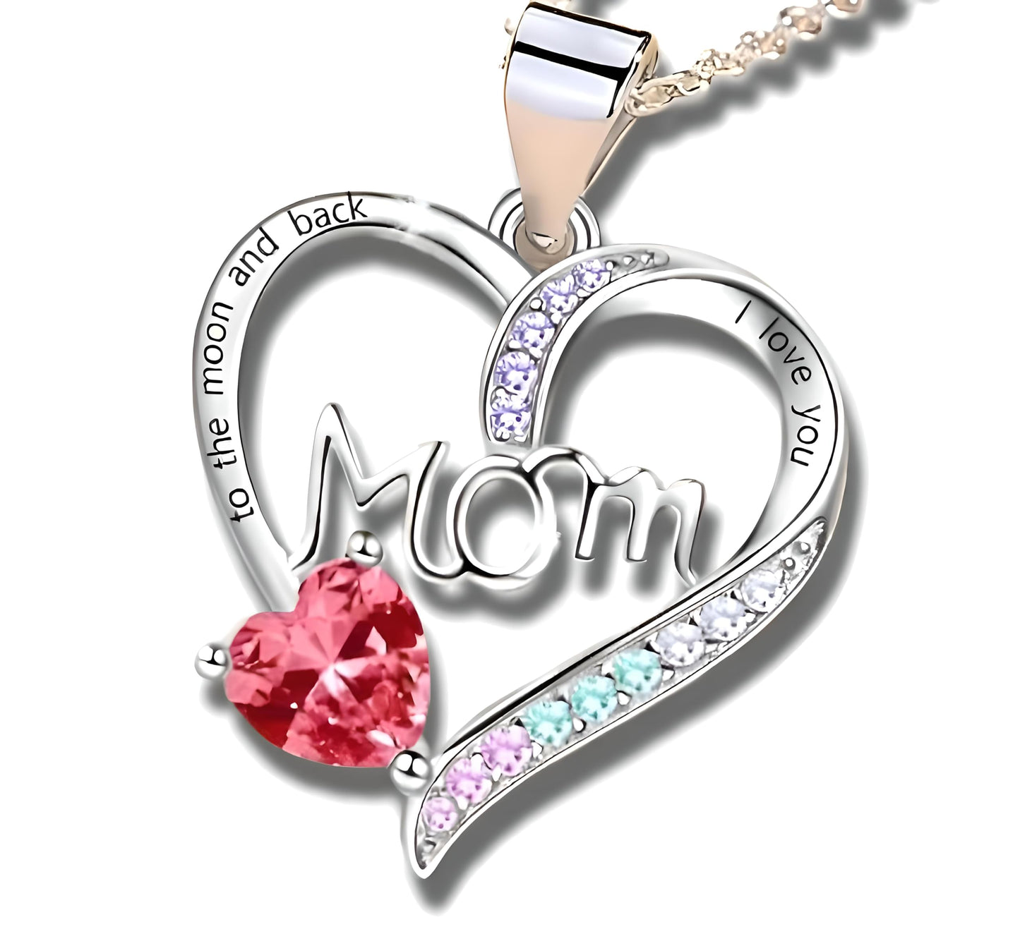 Heart Mom Necklace, Sterling Silver Crystal Pendant with Pink Heart Stone, I Love You to the Moon and Back - Mother's Day Gift