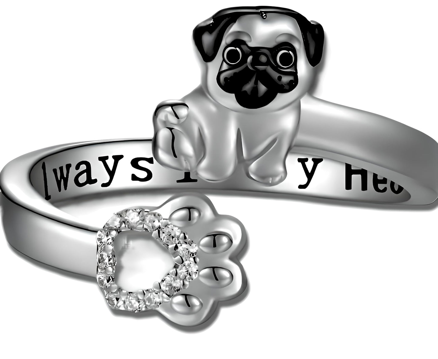 German Shepherd, Yorkie, Pug Dog Paw Adjustable Ring, Sterling Silver, Paw Print Design with Crystal Accents - Christmas, Birthday, or Party Ring