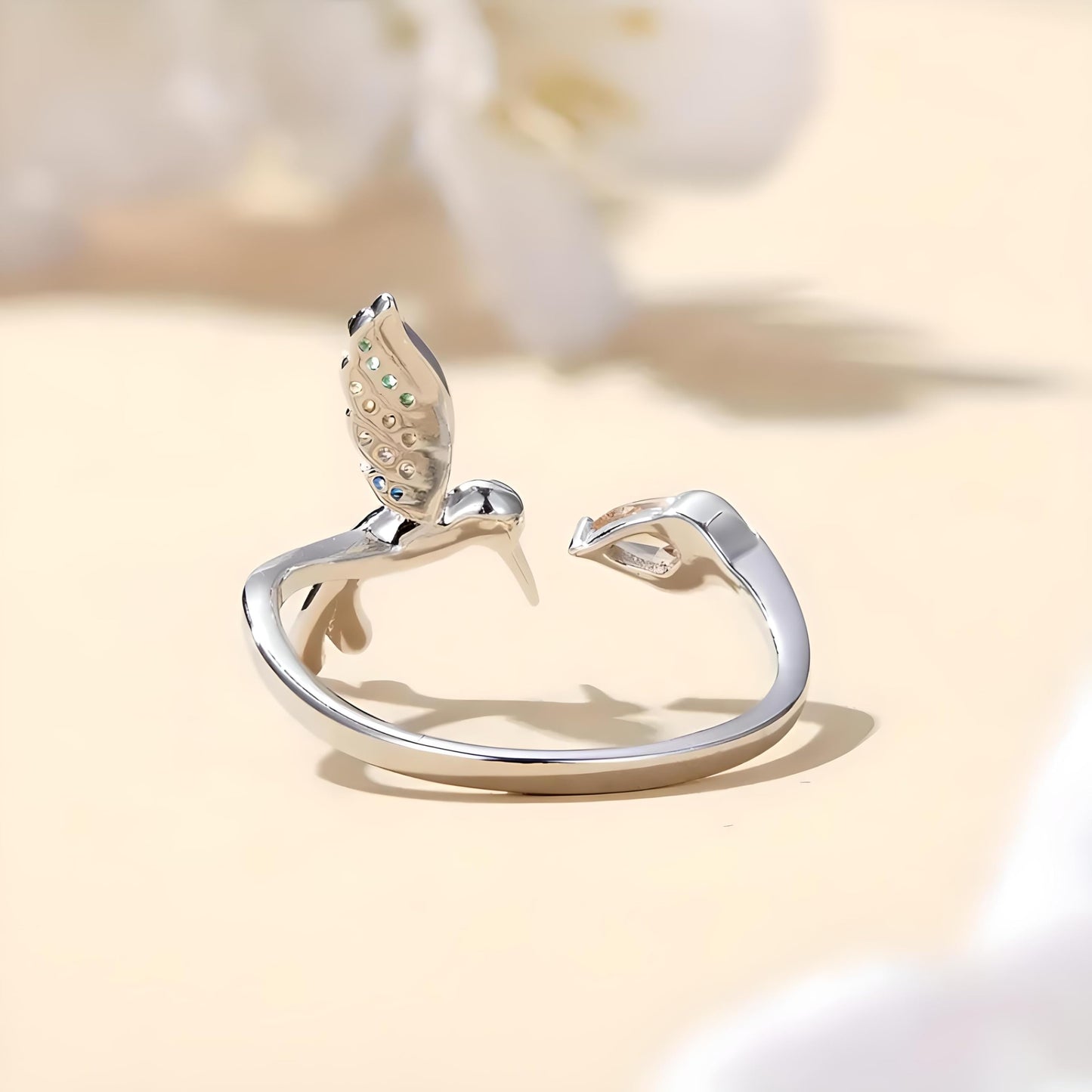 Sterling Silver Hummingbird Ring with Enamel Flowers, Adjustable, Turquoise and Purple