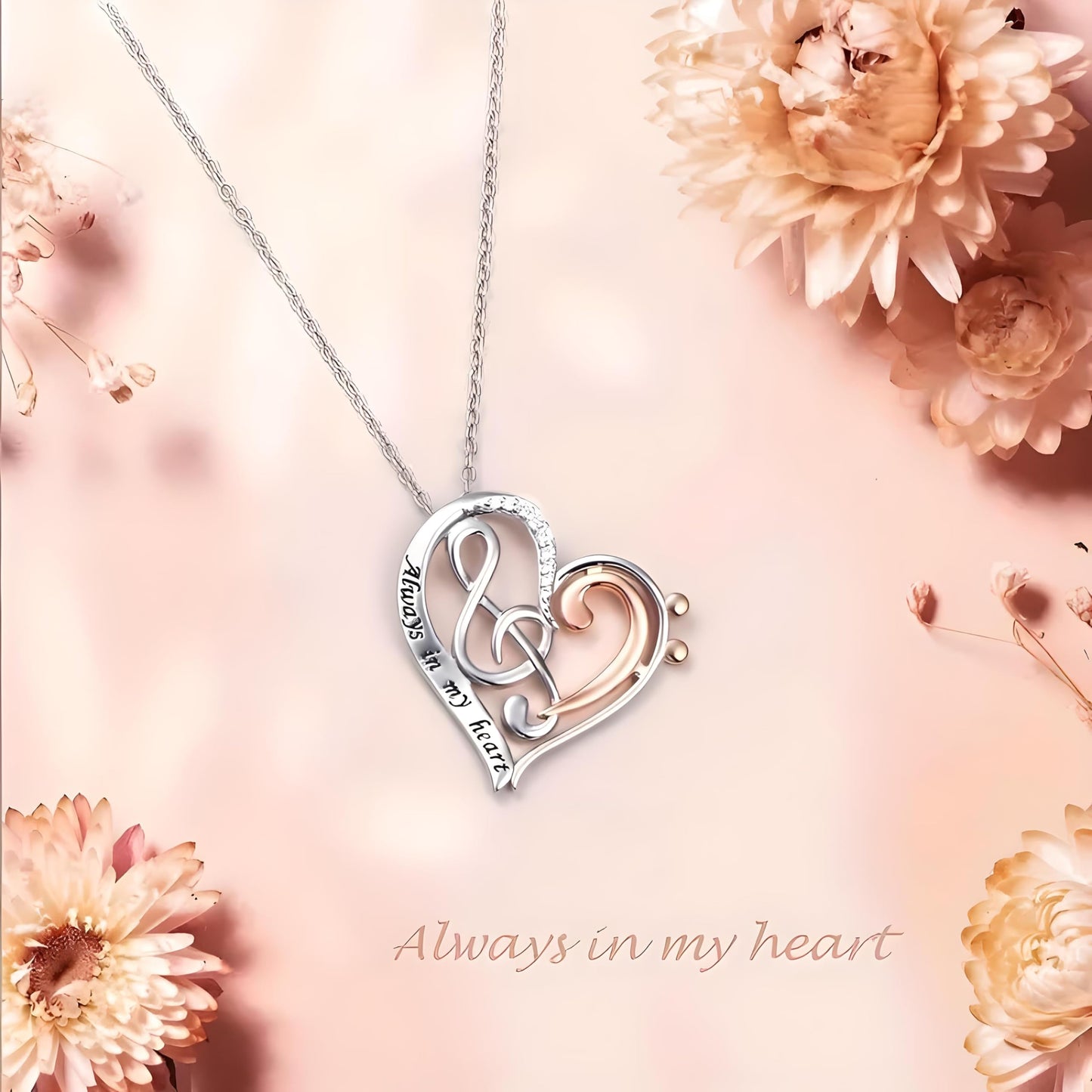 Musical Note Heart Necklace, Sterling Silver and Rose Gold Two-Tone Treble Clef Design with Crystals - 'Always in my heart' Engraved