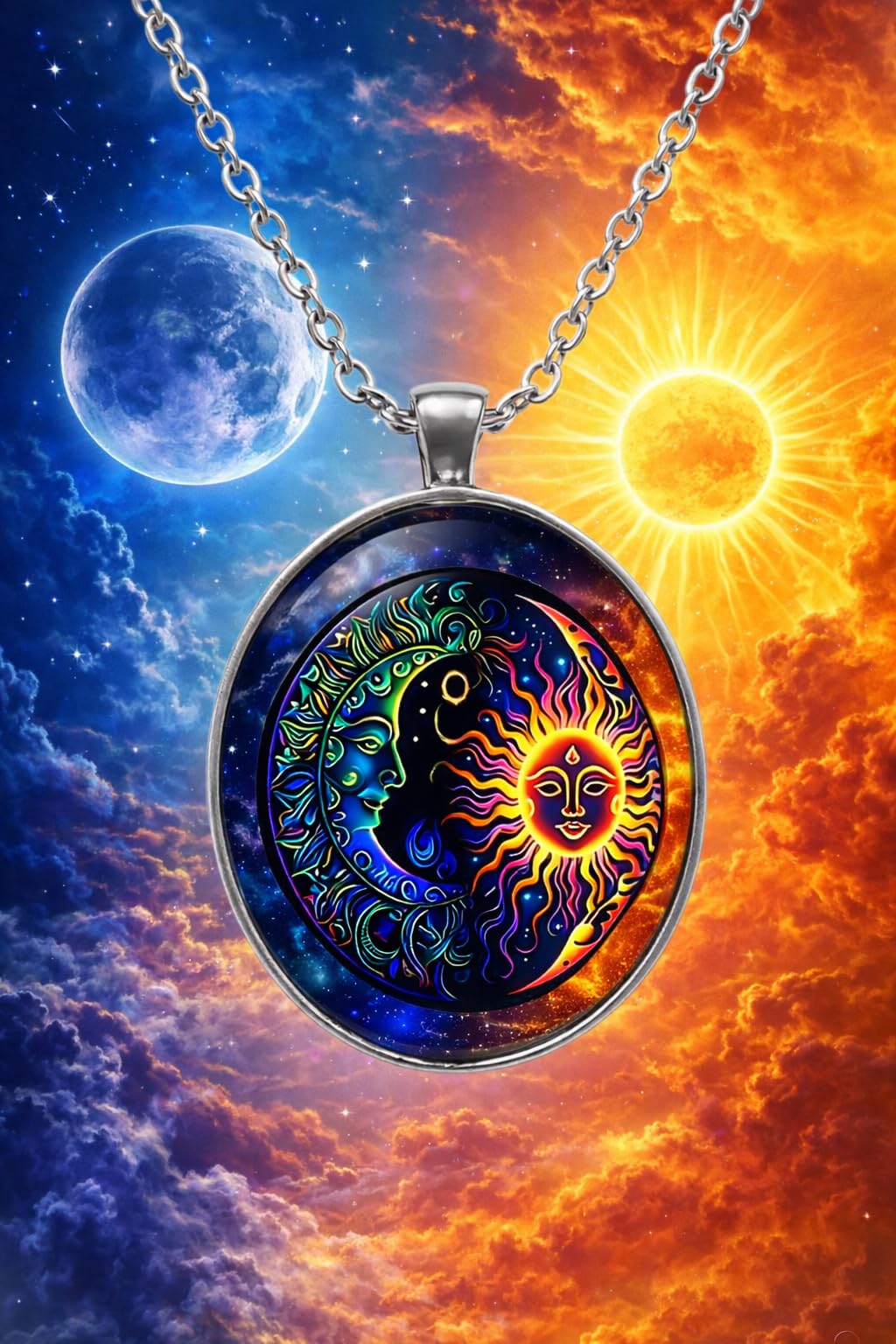 Celestial Sun and Moon Pendant Necklace, 17.7 inch Chain, Colorful Mystical Design