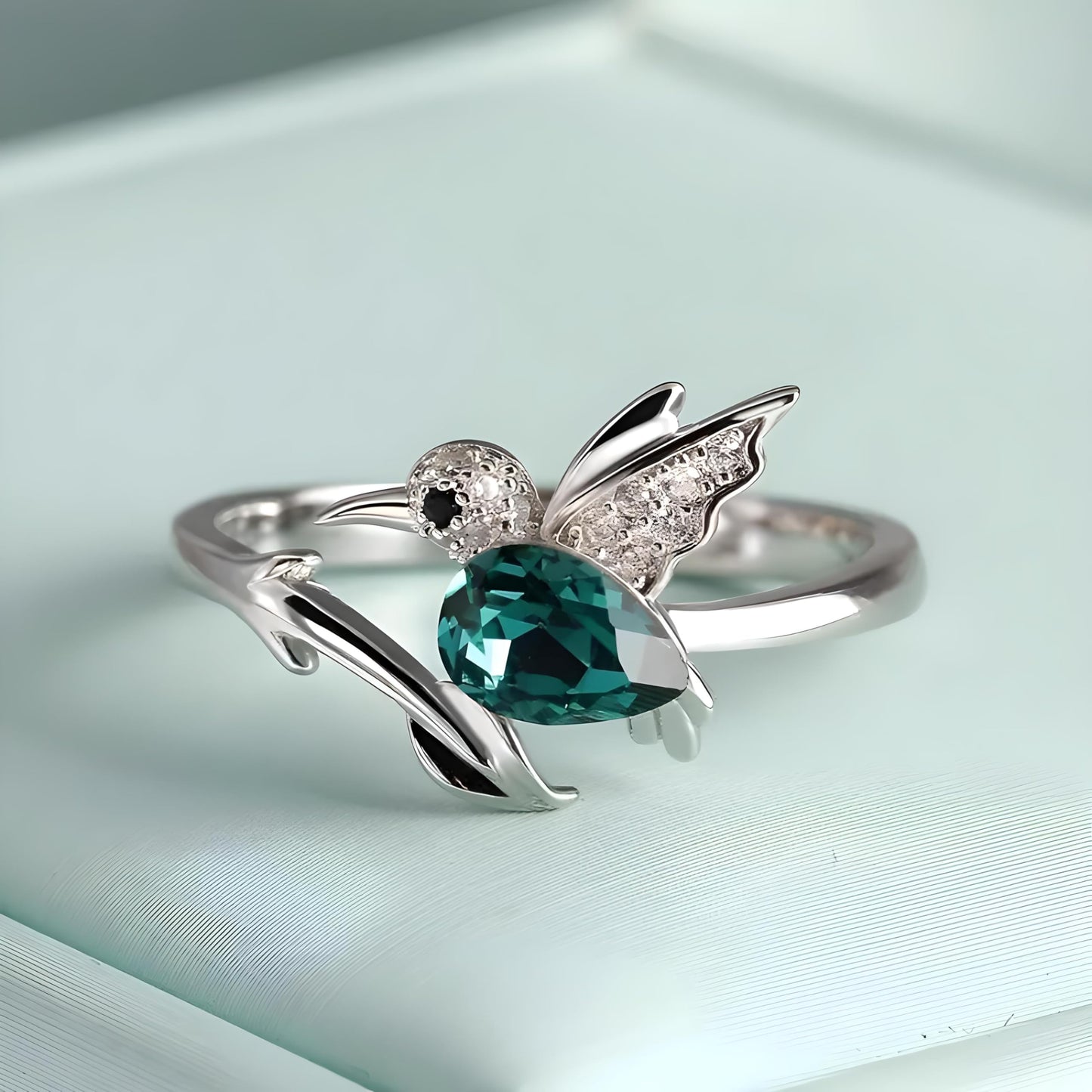 Sterling Silver Hummingbird Ring with Enamel Flowers, Adjustable, Turquoise and Purple