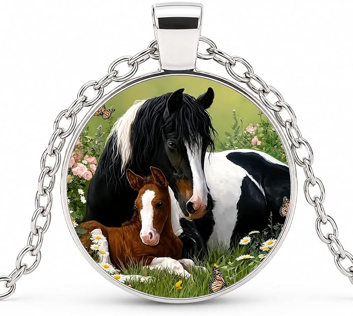 Two Horses in Love - Horse Country Landscape Heart Necklace - Sterling Silver Jewelry