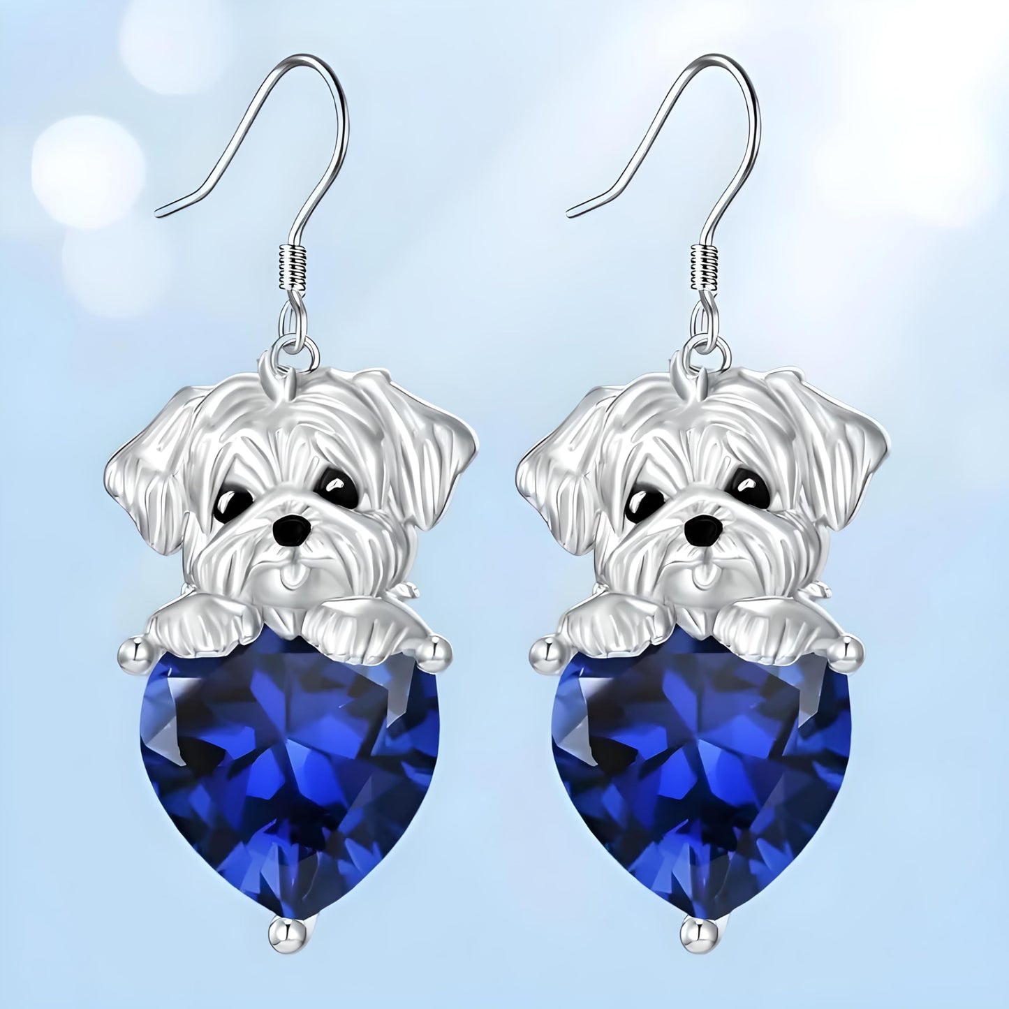 Decorative Dog Dangle Earrings, Blue Crystal Heart, Silver Shih Tzu Design