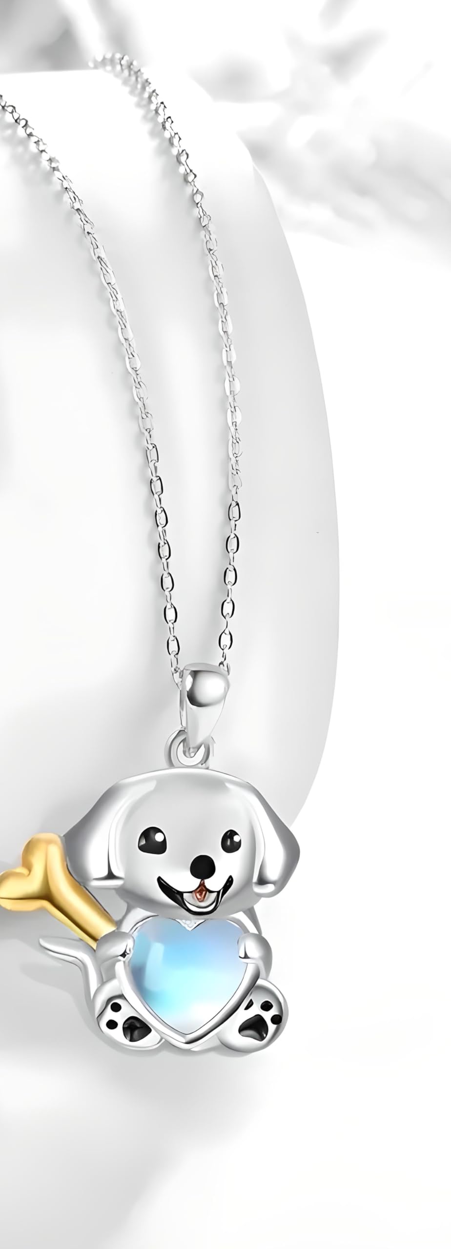 Cute Puppy Pendant Necklace with Blue Heart and Gold Bone, 17.7 inch Chain, Silver
