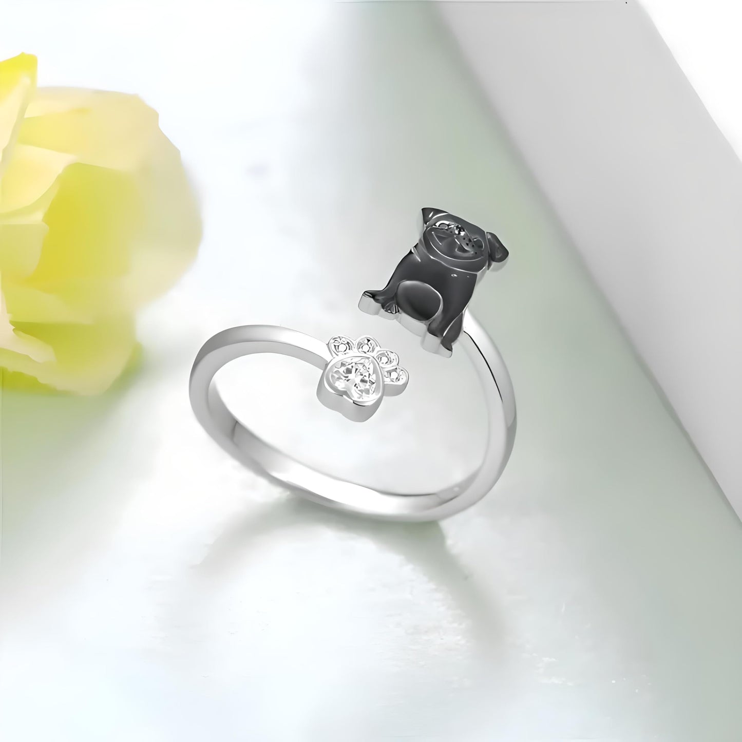 German Shepherd, Yorkie, Pug Dog Paw Adjustable Ring, Sterling Silver, Paw Print Design with Crystal Accents - Christmas, Birthday, or Party Ring