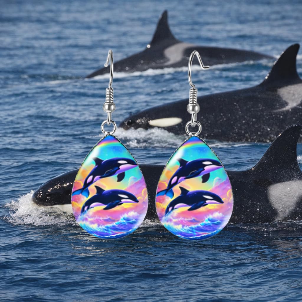 Rainbow Orca Teardrop Dangle Earrings, Colorful Killer Whale Design, Glass Covered, Hypoallergenic Stainless Steel Hooks, 1.77 Inch