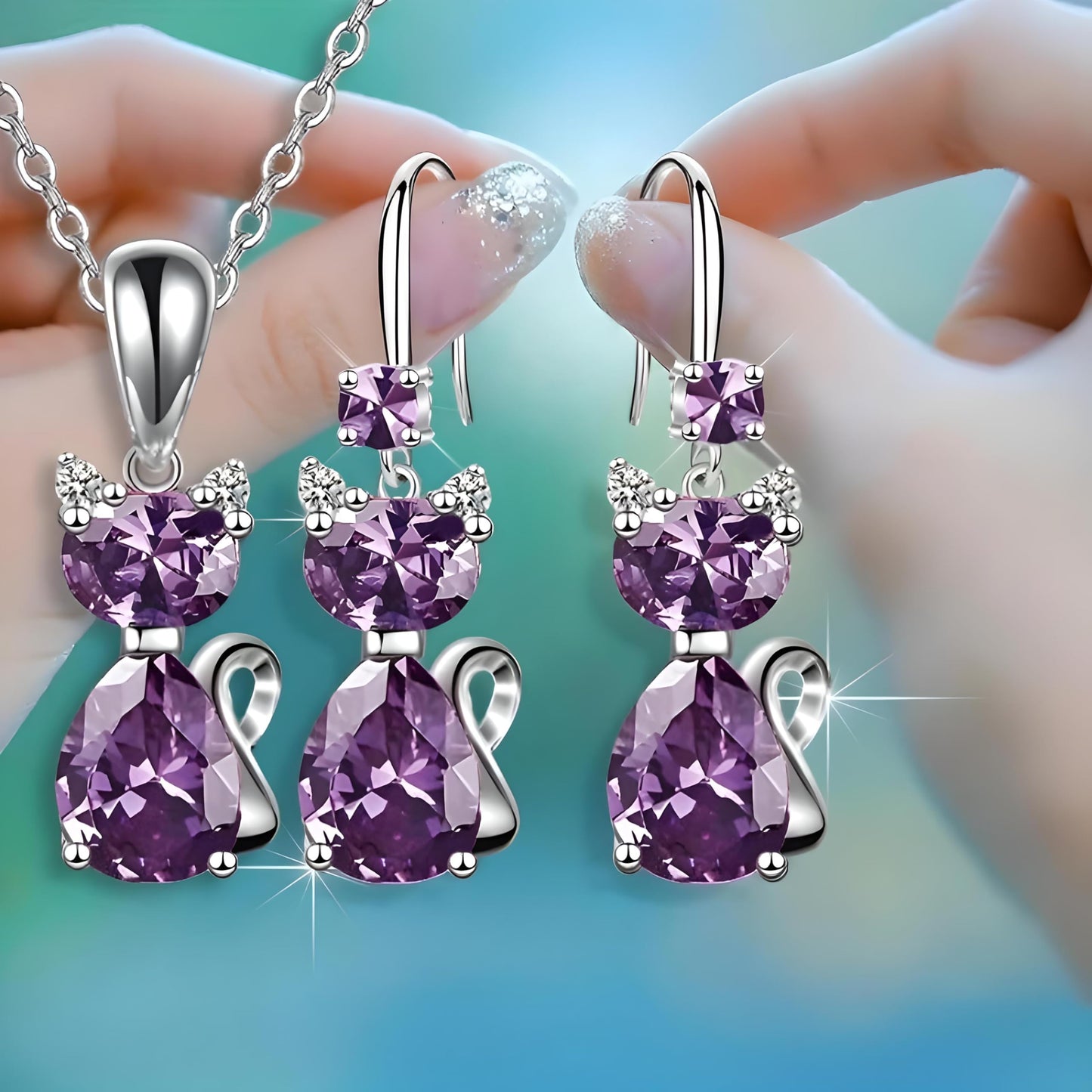 SUPAC Pink and Purple Cat Jewelry Set, Rose Gold Plated Crystal Necklace Earrings Ring, Gift for Cat Enthusiasts (Purple 3PCS)