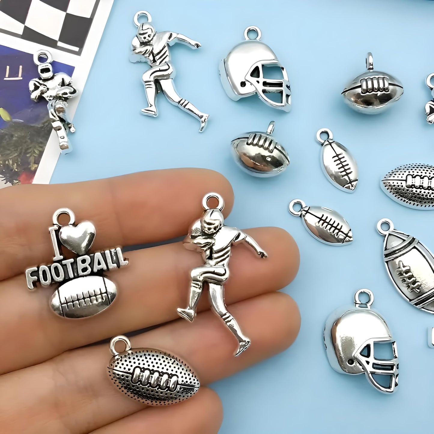 21-Piece Football Pendants DIY Keychain Set - Customizable with Interchangeable Charms, Detailed Football Helmet Keychain, and Humorous DIY Bag Pendant Accessories - Gift for Men and Football Fans
