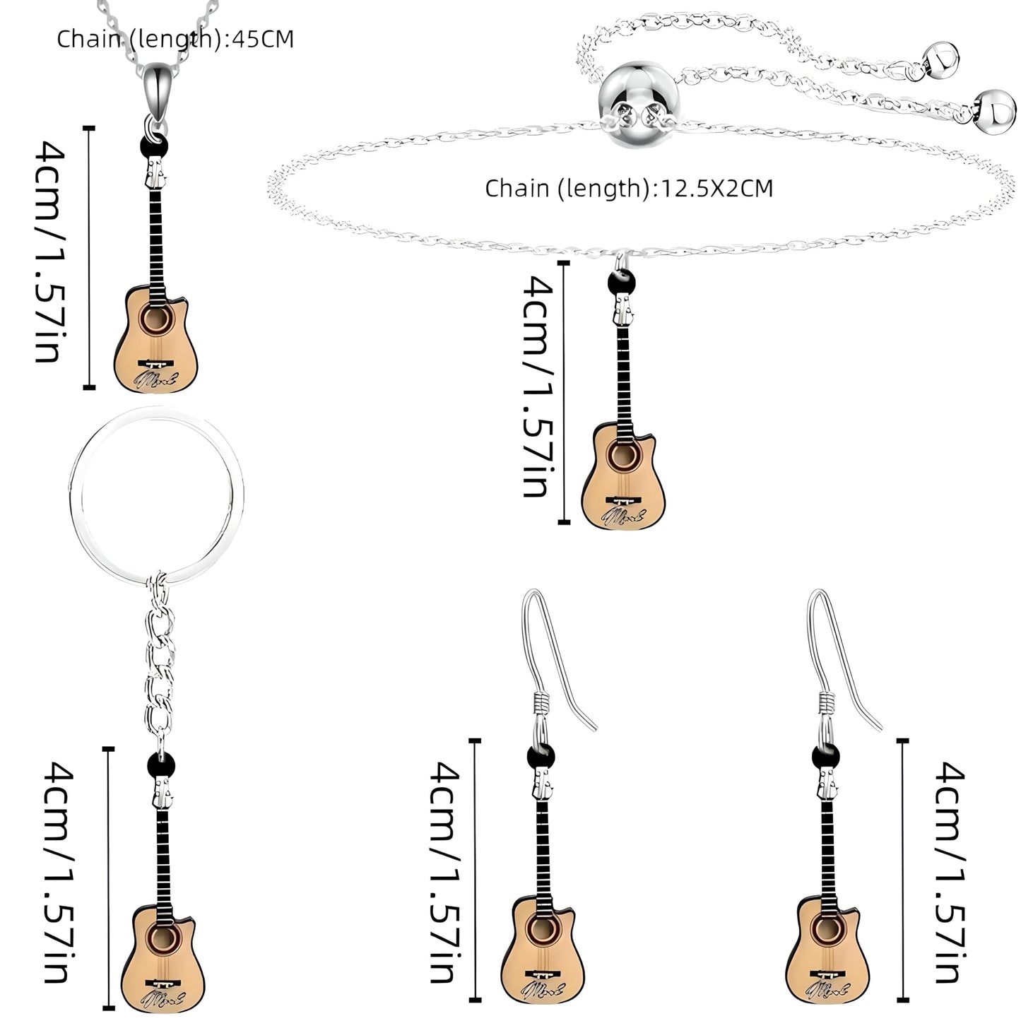Guitar Jewelry Set, 5 Pieces, Acoustic Guitar Pendant Necklace, Bracelet, Earrings and Keychain, Silver Chain