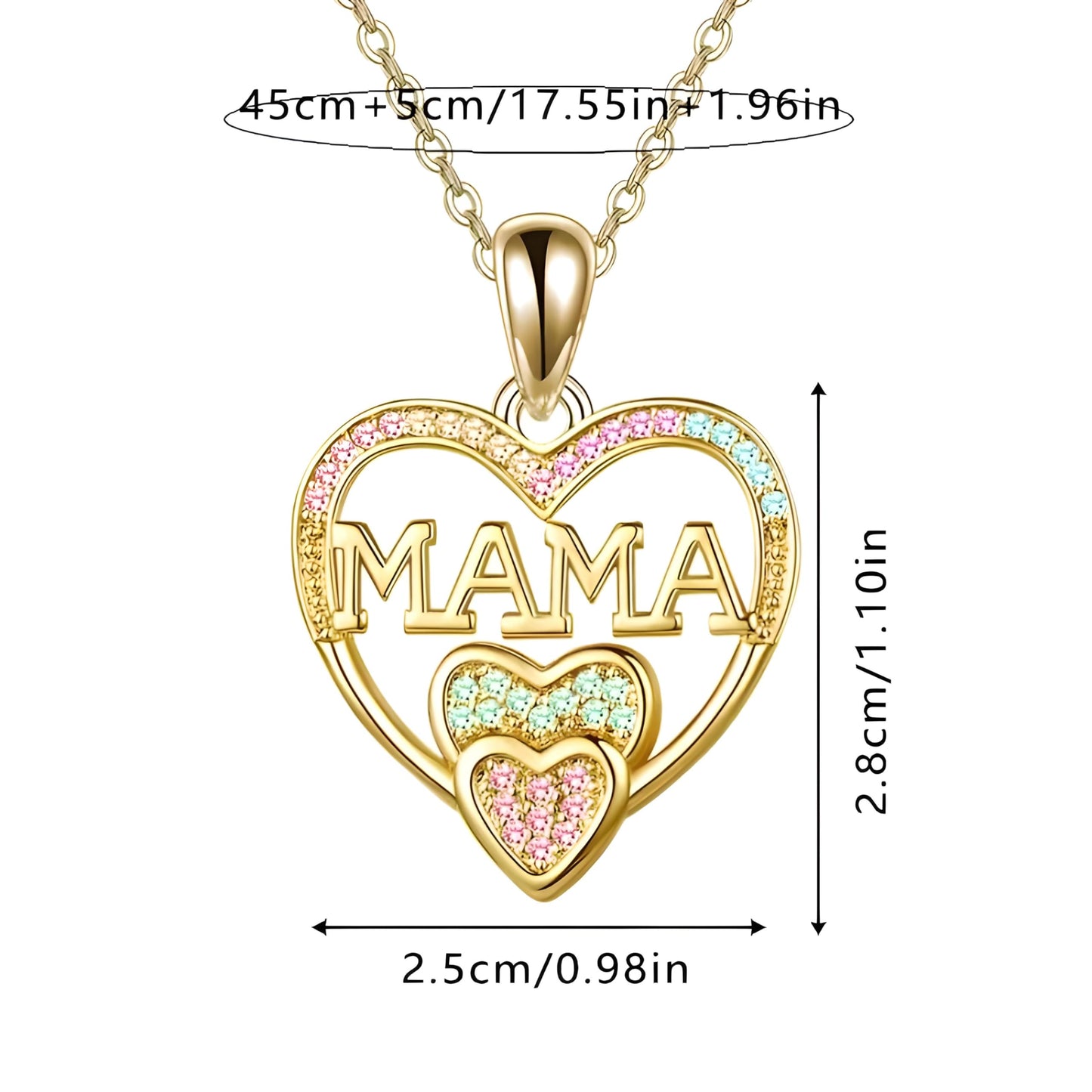 Gold Heart Shaped "MAMA" Necklace, Sparkling Stainless Steel Necklace- with Blue and Pink Simulated Diamonds, Christmas or Birthday Gift