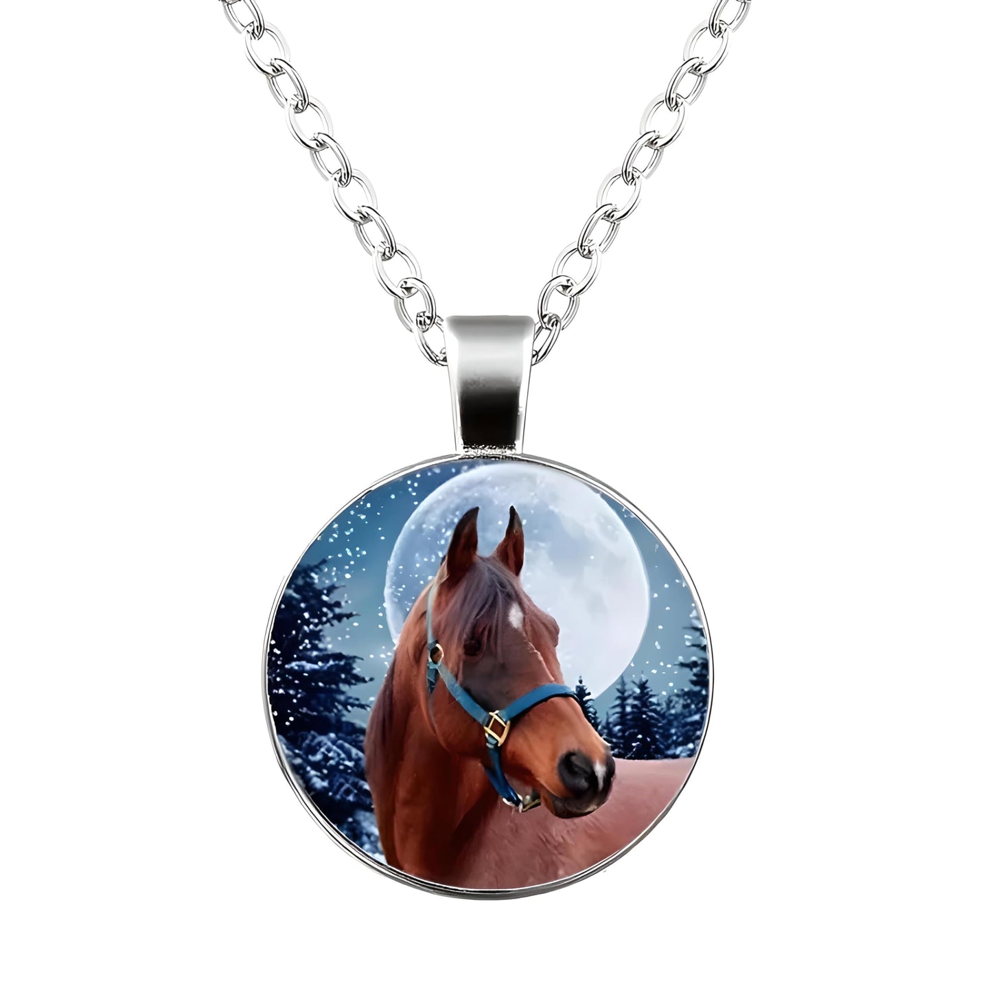 Horse Jewelry Set with Necklace, Bracelet and Earrings, Winter Moon Design, 4 Pieces, Silver