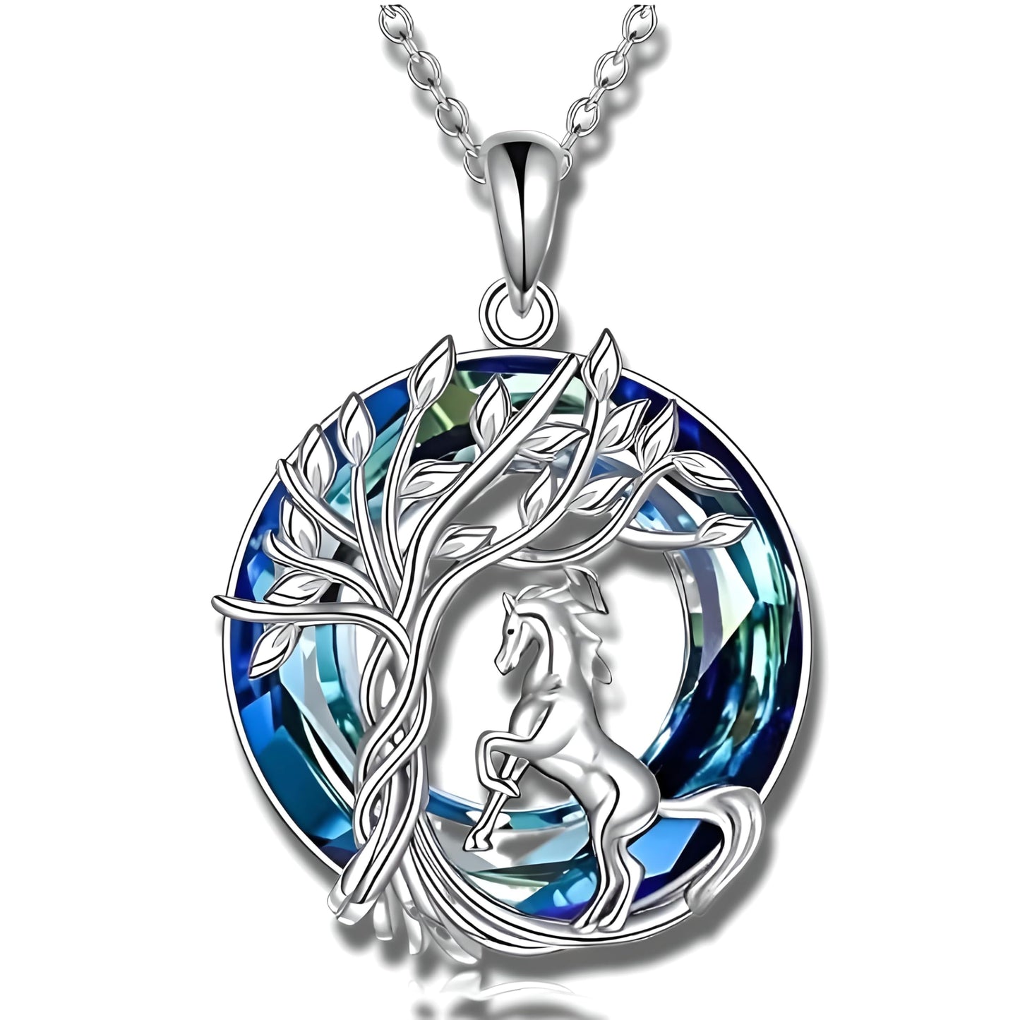 Tree of Life Swing, Sloth, Horse + Other Styles Pendant Necklace, Silver Chain, Crystal Rainbow Background - Gift for Friends