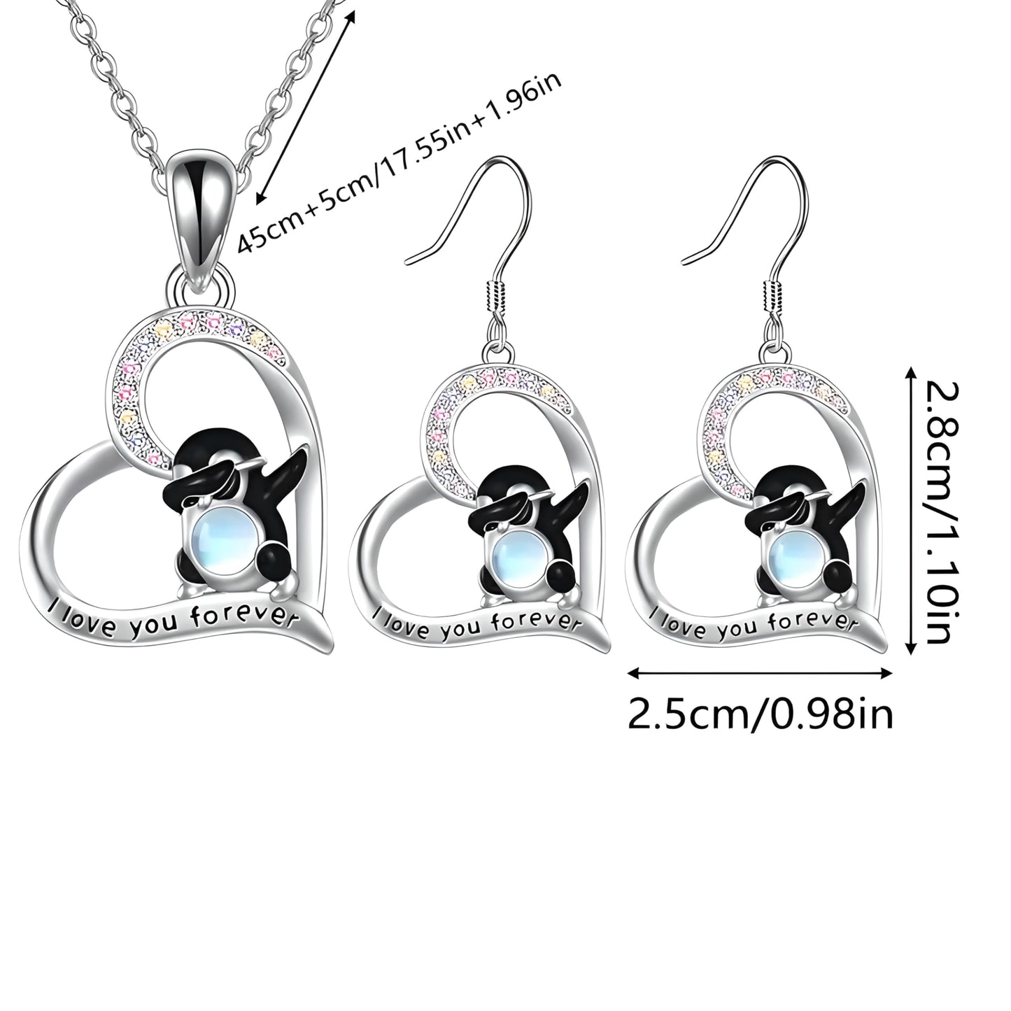 Dabbing Penguins Heart Jewelry Set, I Love You Forever Necklace and Earrings, Crystal Rhinestone Silver Pendant, 17.55 inch Chain