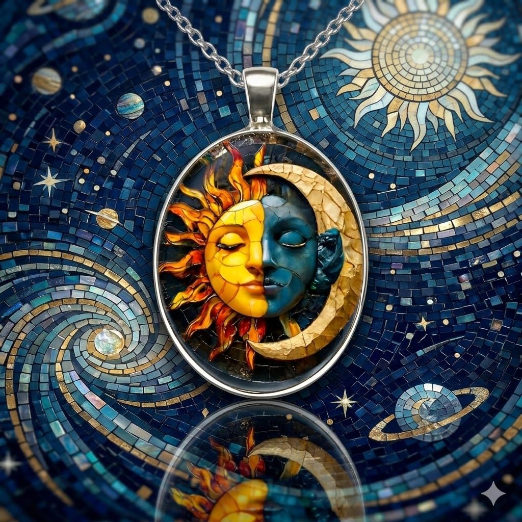 1pc Stunning Round Pendant Necklace - Unique Sun & Moon Pattern, Oil Painting Style Glass Mosaic, Alloy Construction, Trendy Sweater Chain, Fashionable Gift for Women - Christmas or Birthday Gift