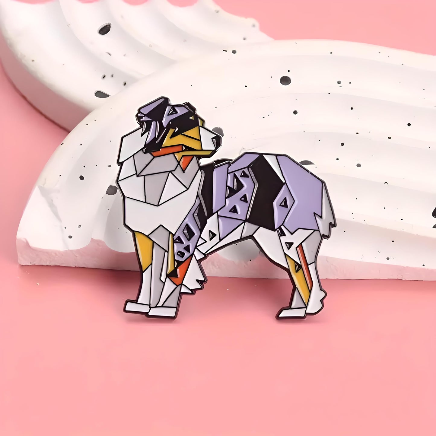Dog Breed Pins - Geometric Australian Shepherd, Cat, Husky, Bernese Mountain Dog, Enamel Pin, Modern Art Design, White and Purple - Badge for Men
