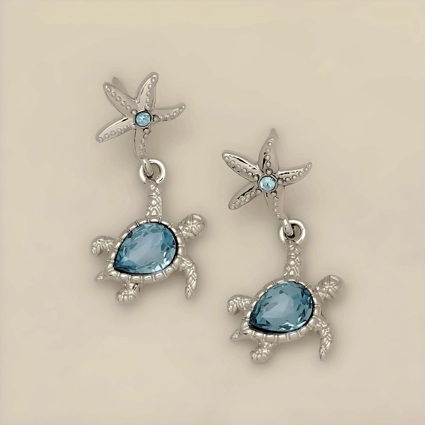 Pair of Cute Starfish and Turtle Stud Earrings - Stainless Steel Ear Needles, Man Made Rock Mosaic, Plated White K Finish, Alloy Construction