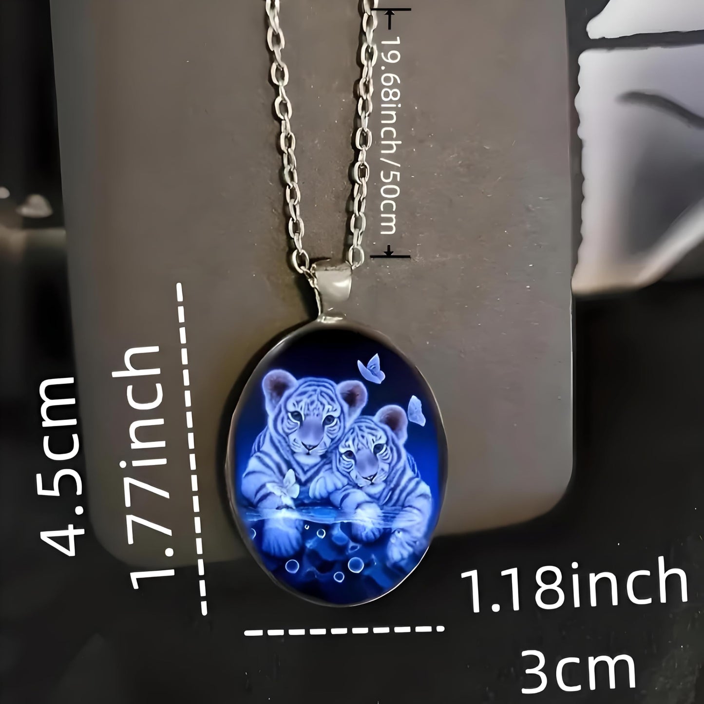 SUPAC Tiger Cubs with Butterflies Oval Pendant Necklace, Sterling Silver Necklace with Glass Pendant - Birthday, Holiday, or Christmas Gift