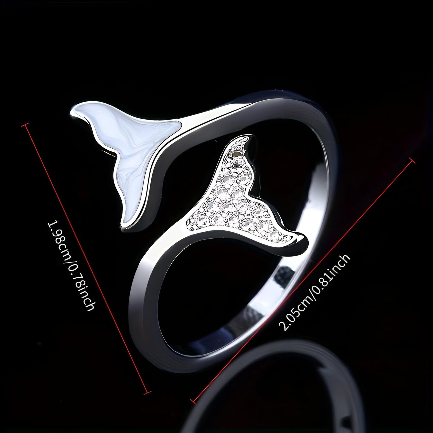Sterling Silver Whale Tail Ring with Crystal Accents, Adjustable Open Design - Gift for Whale Lovers
