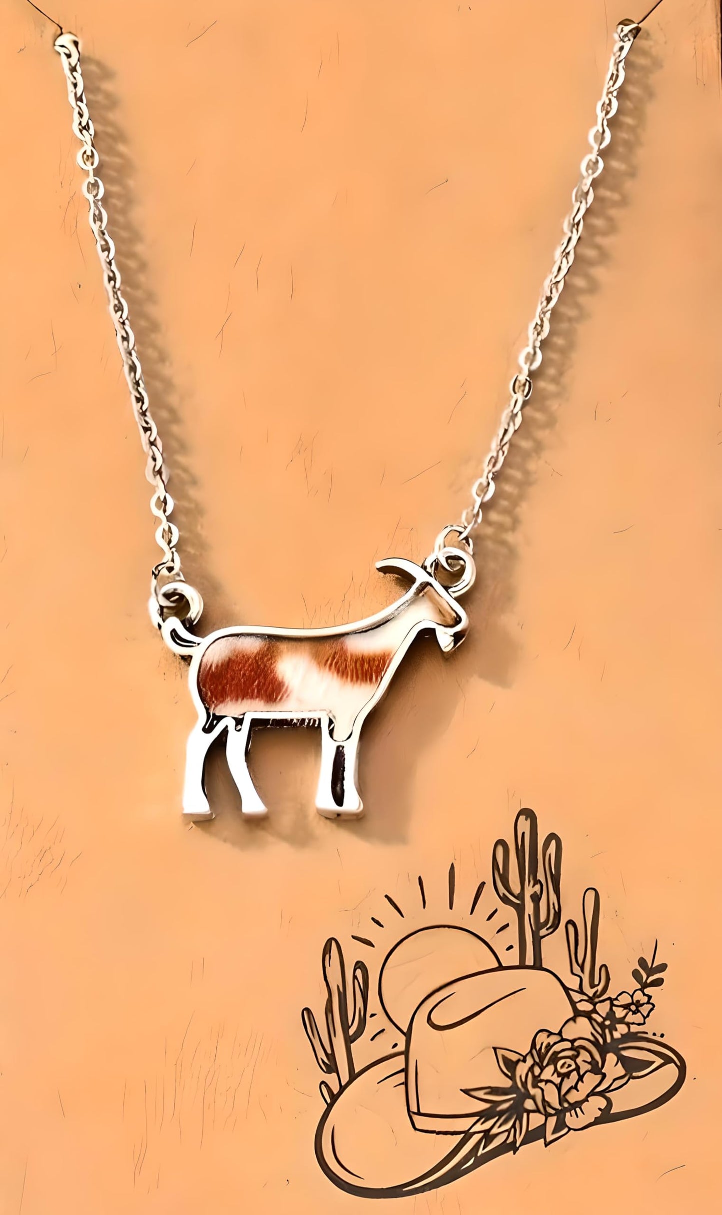 Western Farm Animal Pendant Necklace, Cow, Horse, Goat, and Pig Hide - Silver Chain, 15.35 inch + 1.97 inch Extension