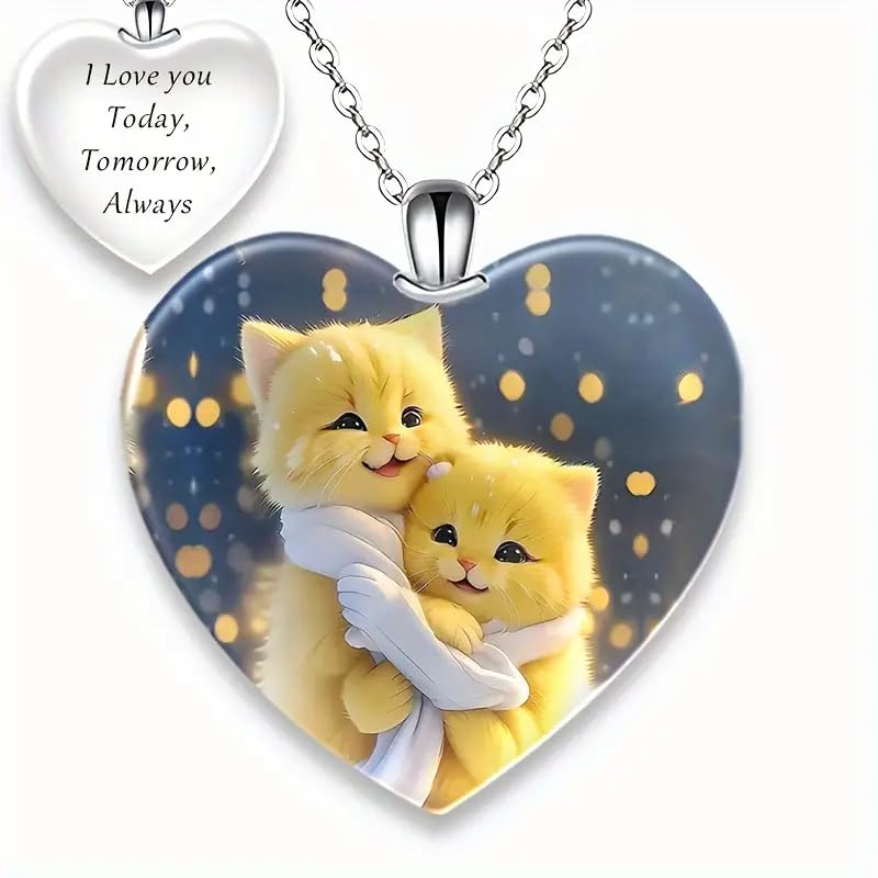 Cute Yellow Cats Hugging Heart Pendant Necklace, Crystal Glass Pendant, Stainless Steel Chain 'I Love you Today, Tomorrow, Always' Engraved - Christmas, Holiday, or Birthday Gift