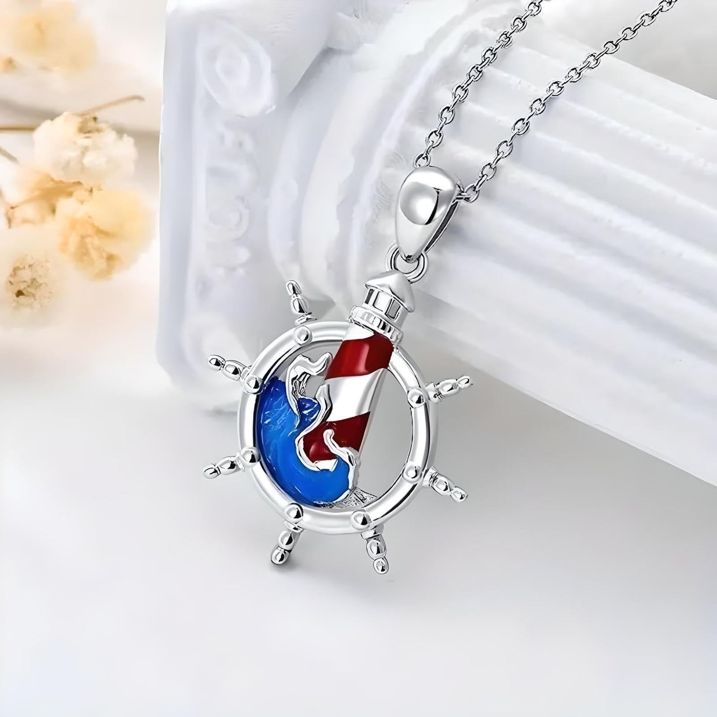 SUPAC A Nautical Life, Lighthouse and Ship Wheel Pendant Necklace, Gift for Birthday, Christmas, or Anniversaries