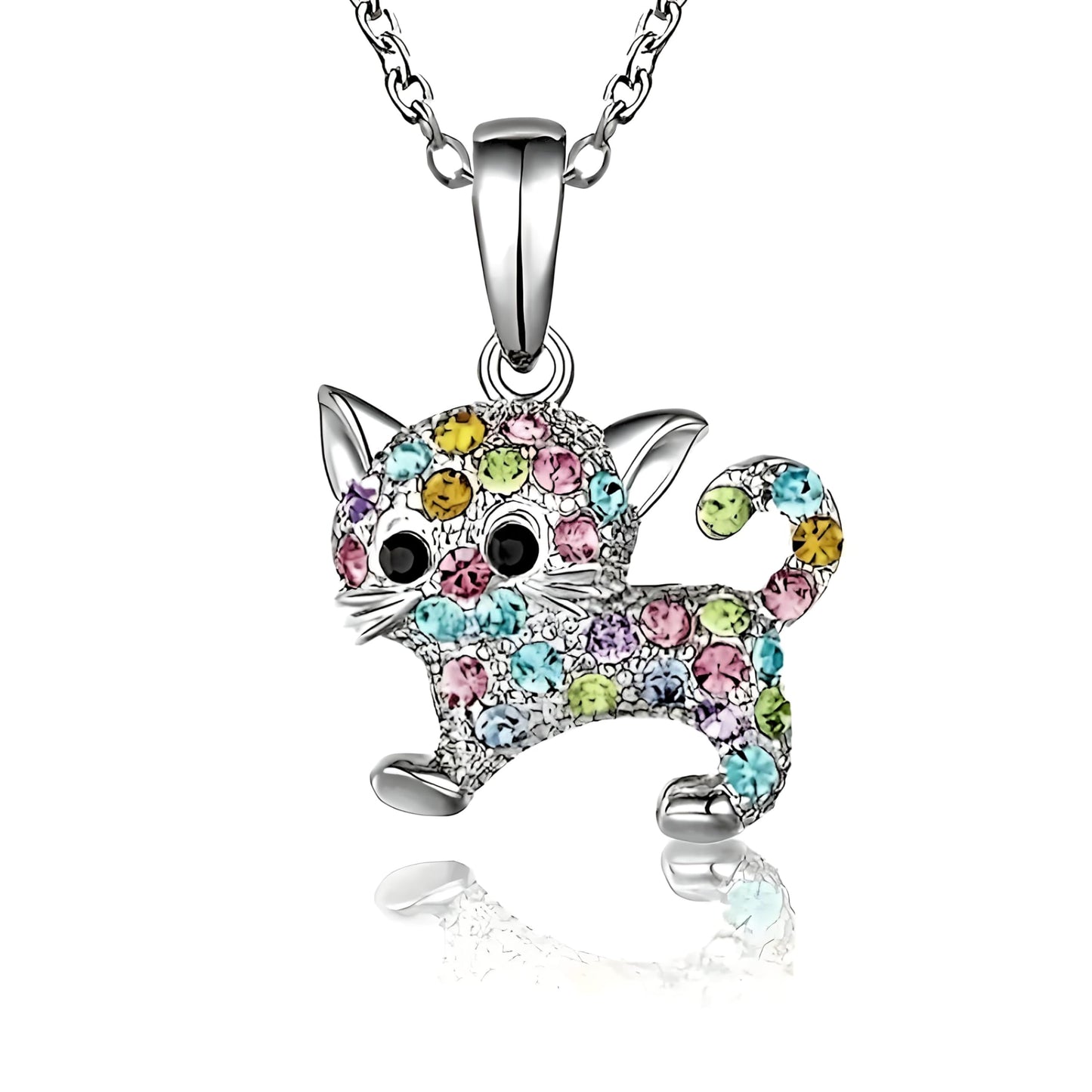 Crystal Cat Jewelry Set with Necklace, Earrings, Bracelet and Keychain, Colorful Rhinestone Design, Silver