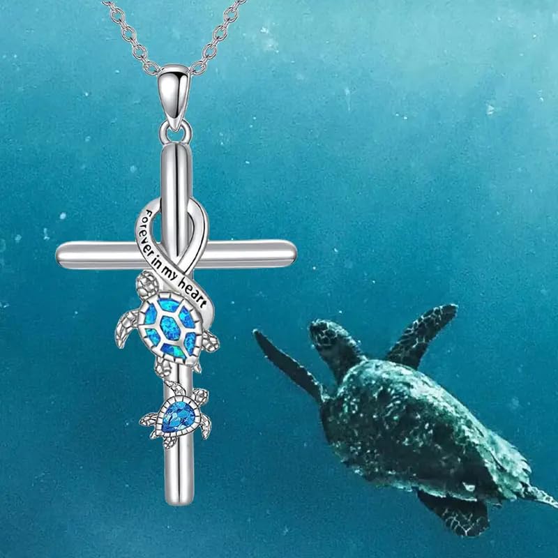 Torquise Sea Turtles Cross Pendant Necklace, Gift for Special Occasions, Stainless Silver- "Forever in my heart"