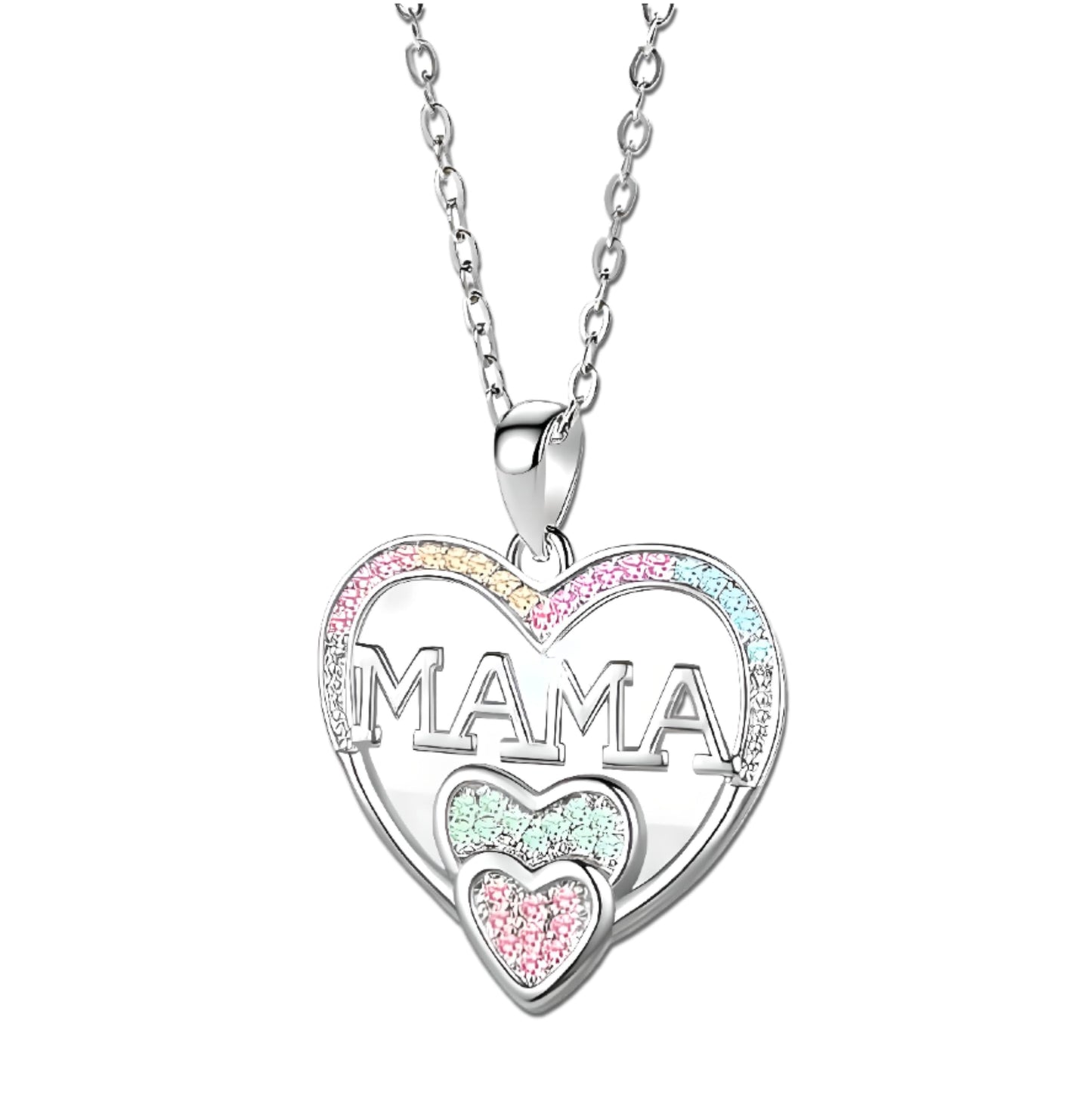 Gold Heart Shaped "MAMA" Necklace, Sparkling Stainless Steel Necklace- with Blue and Pink Simulated Diamonds, Christmas or Birthday Gift