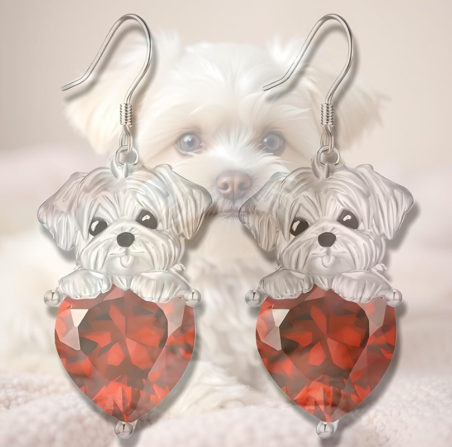 Decorative Dog Dangle Earrings, Blue Crystal Heart, Silver Shih Tzu Design