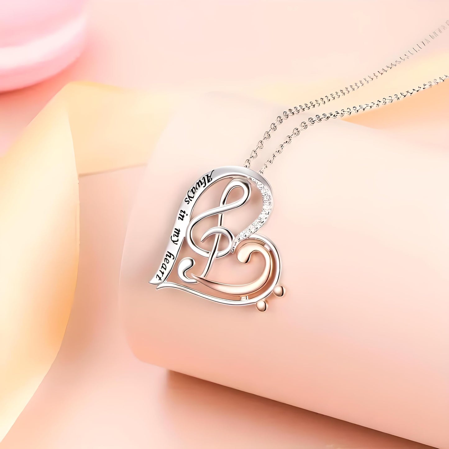 Musical Note Heart Necklace, Sterling Silver and Rose Gold Two-Tone Treble Clef Design with Crystals - 'Always in my heart' Engraved