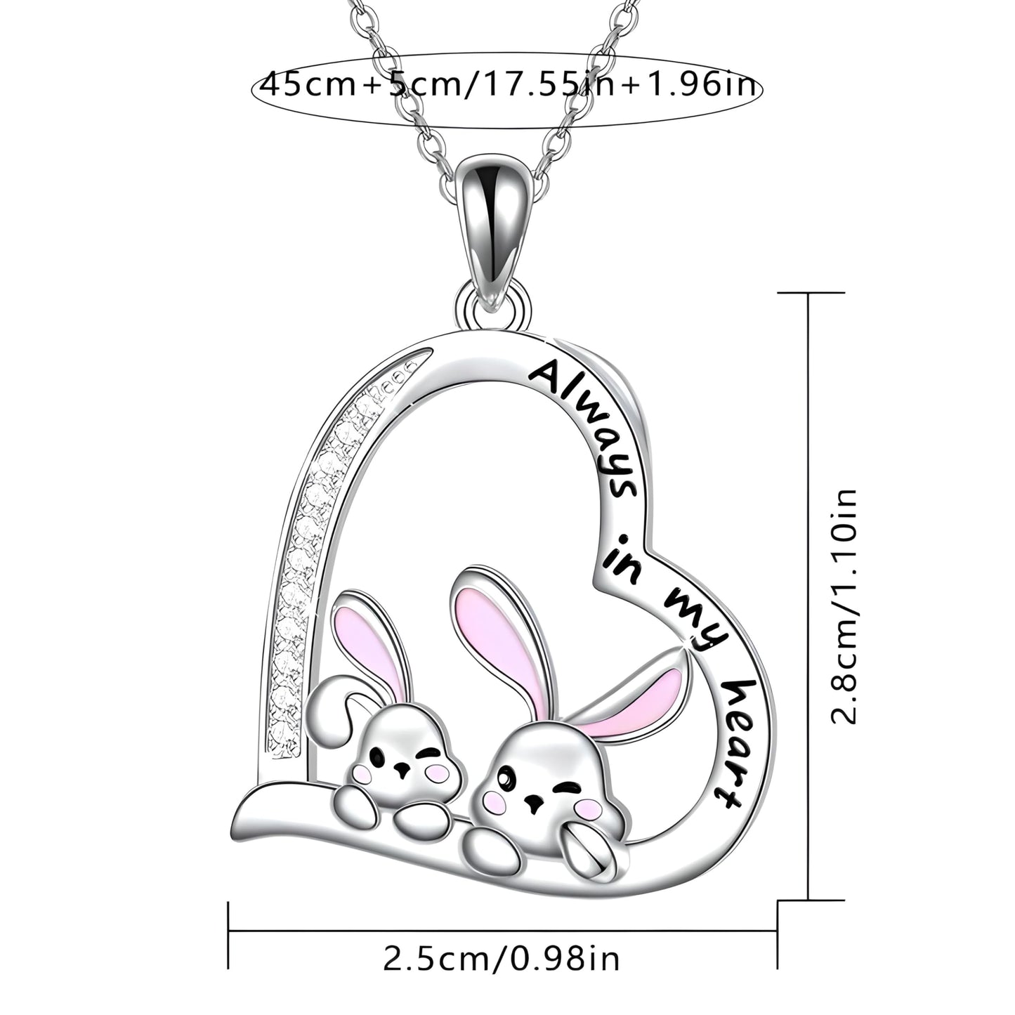SUPAC Pair of Bunnies & Heart Pendant Necklace Always in My Heart - White Golden Plated Alloy with Resin Accents, Birthday or Friendship Gift, 2+ Options