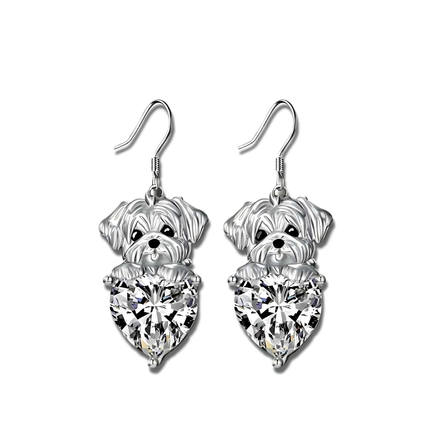 Decorative Dog Dangle Earrings, Blue Crystal Heart, Silver Shih Tzu Design