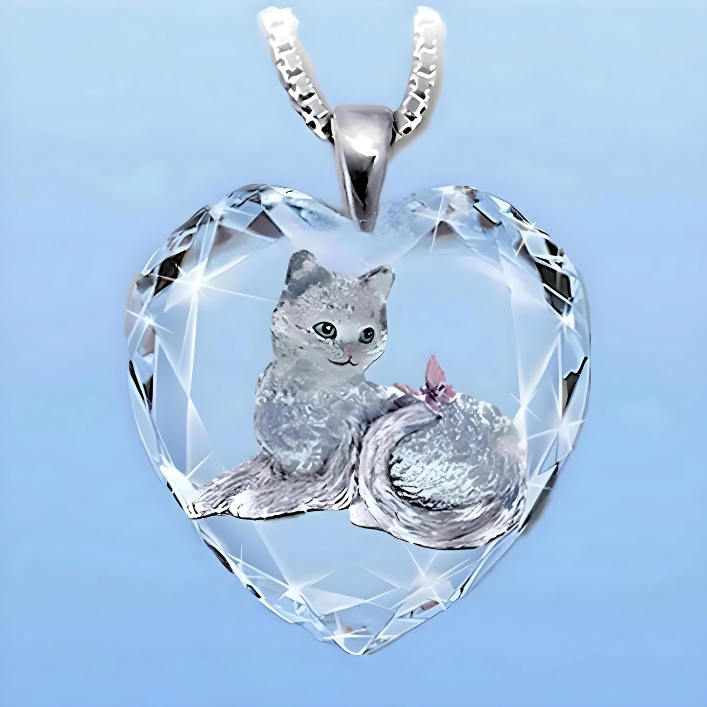 Crystal Heart Cat Pendant Necklace, Blue Glass Heart with Silver Cat Design