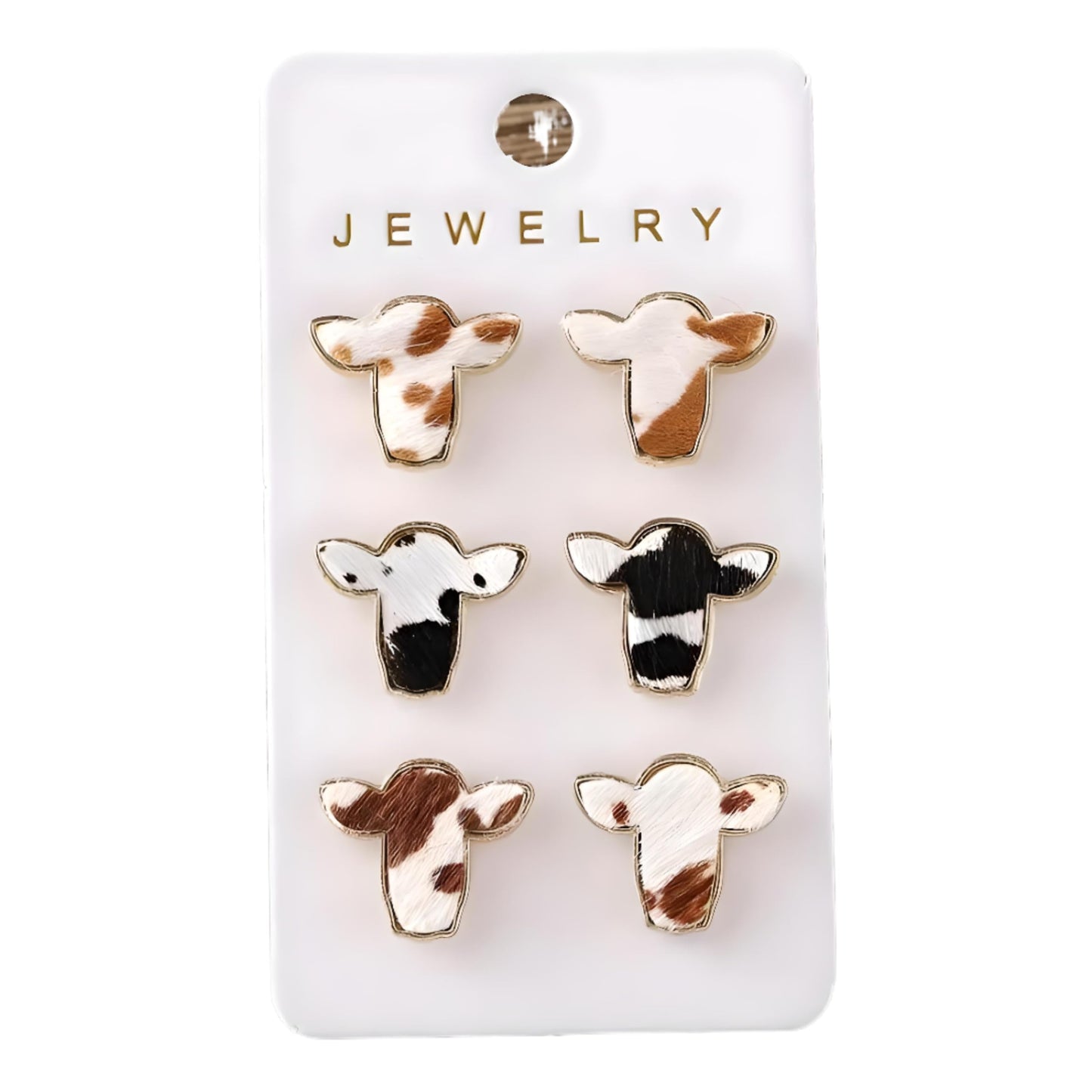 Cowhide Print Stud Earrings, 3-Set Gold-Tone Farm Animal Design, 0.78 x 0.62 inches -Brown, Orange, and Black Colors