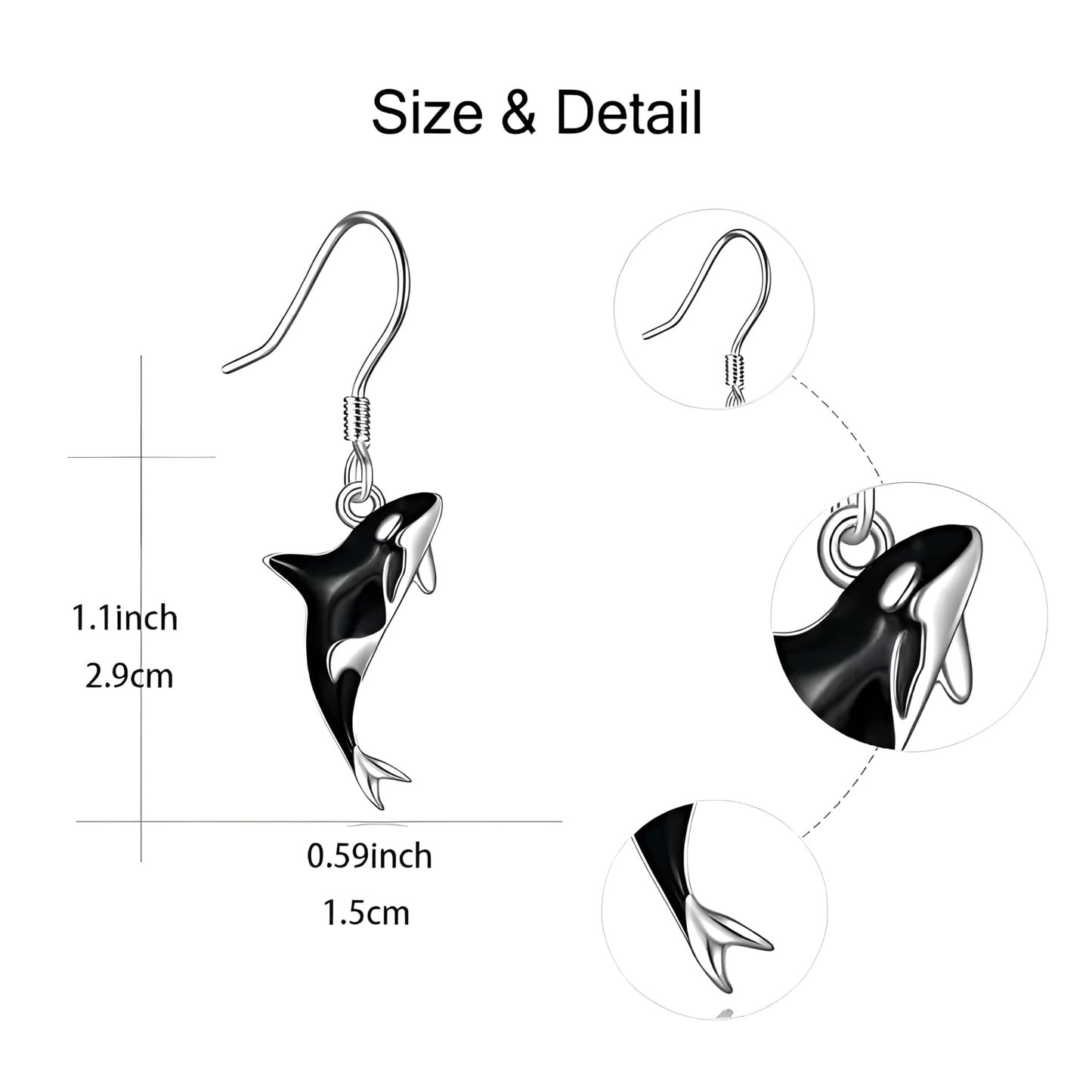 Orca Killer Whale Jewelry Set with Necklace, Earrings, Bracelet and Keychain, Black and Silver - Shamu Gift
