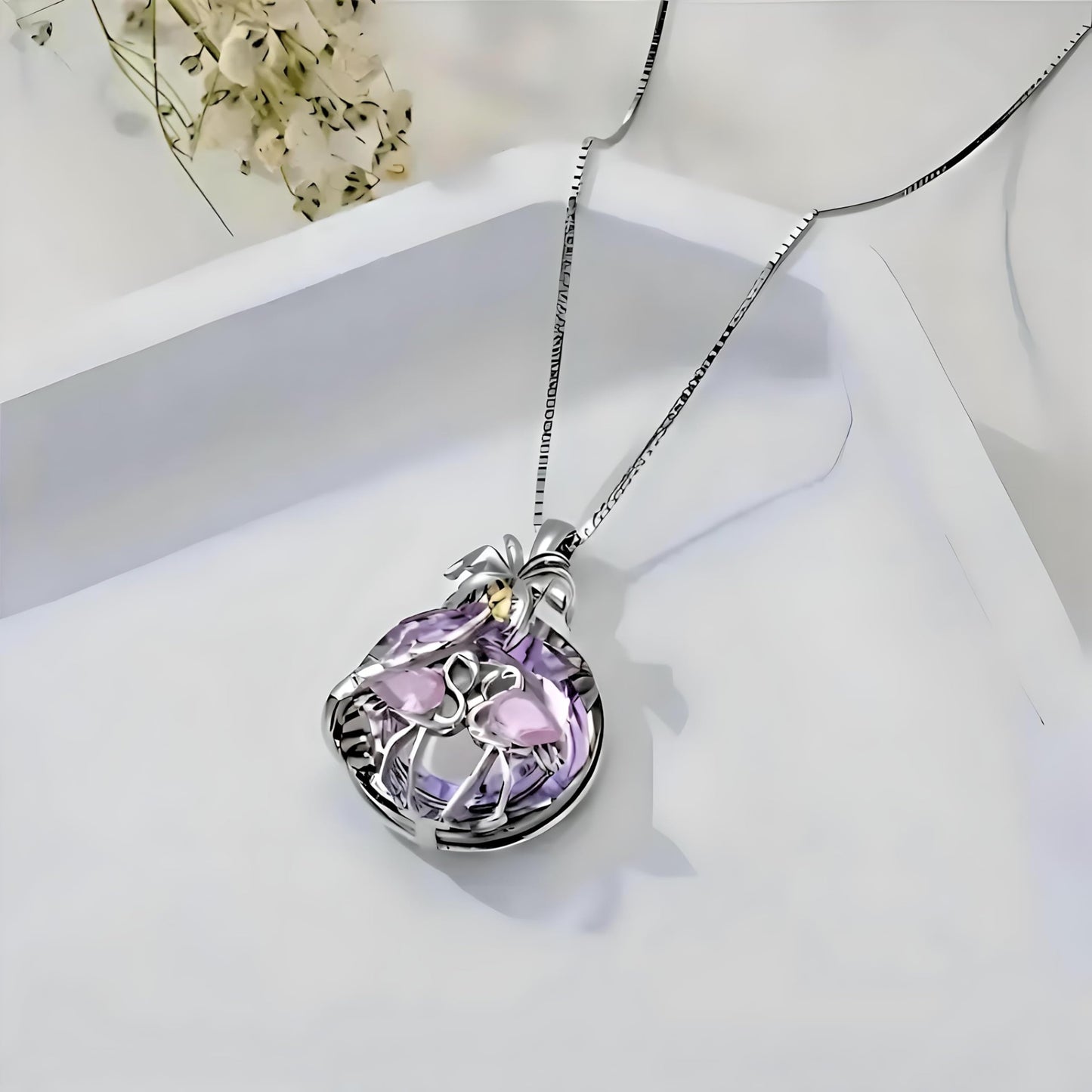Tropical Flamingo Jewelry Set with Necklace, Bracelet, Earrings and Keychain, Pink and Purple Crystal Beach Design, Silver