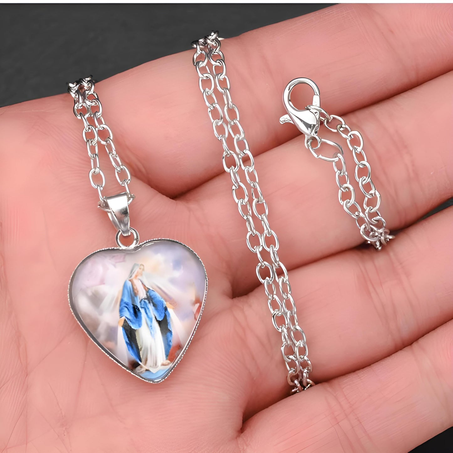 Glass Mother Mary Image with Heart Pendant Necklace, Stainless Steel Chain - Holiday, Christmas, or Birthday Gift
