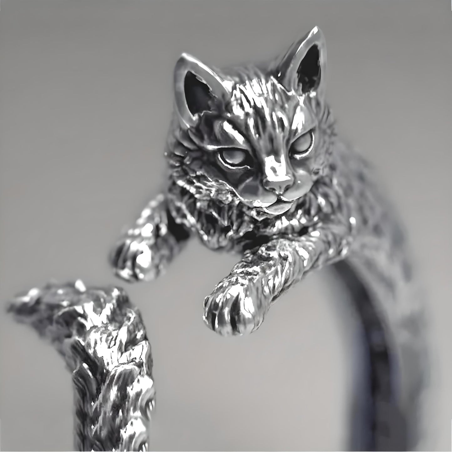 Silver Cat Ring for Men or Women, Unique Zinc Alloy Design, Antique Silver Plating - Adjustbale Stainless Steel Silver Cat Ring - Christmas or Birthday Gift