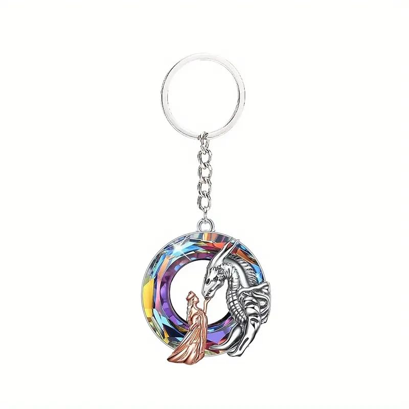 Fantasy Dragon and Maiden Jewelry Set, 4-Piece Rainbow Crystal Collection, Necklace Bracelet Earrings Keychain, Silver