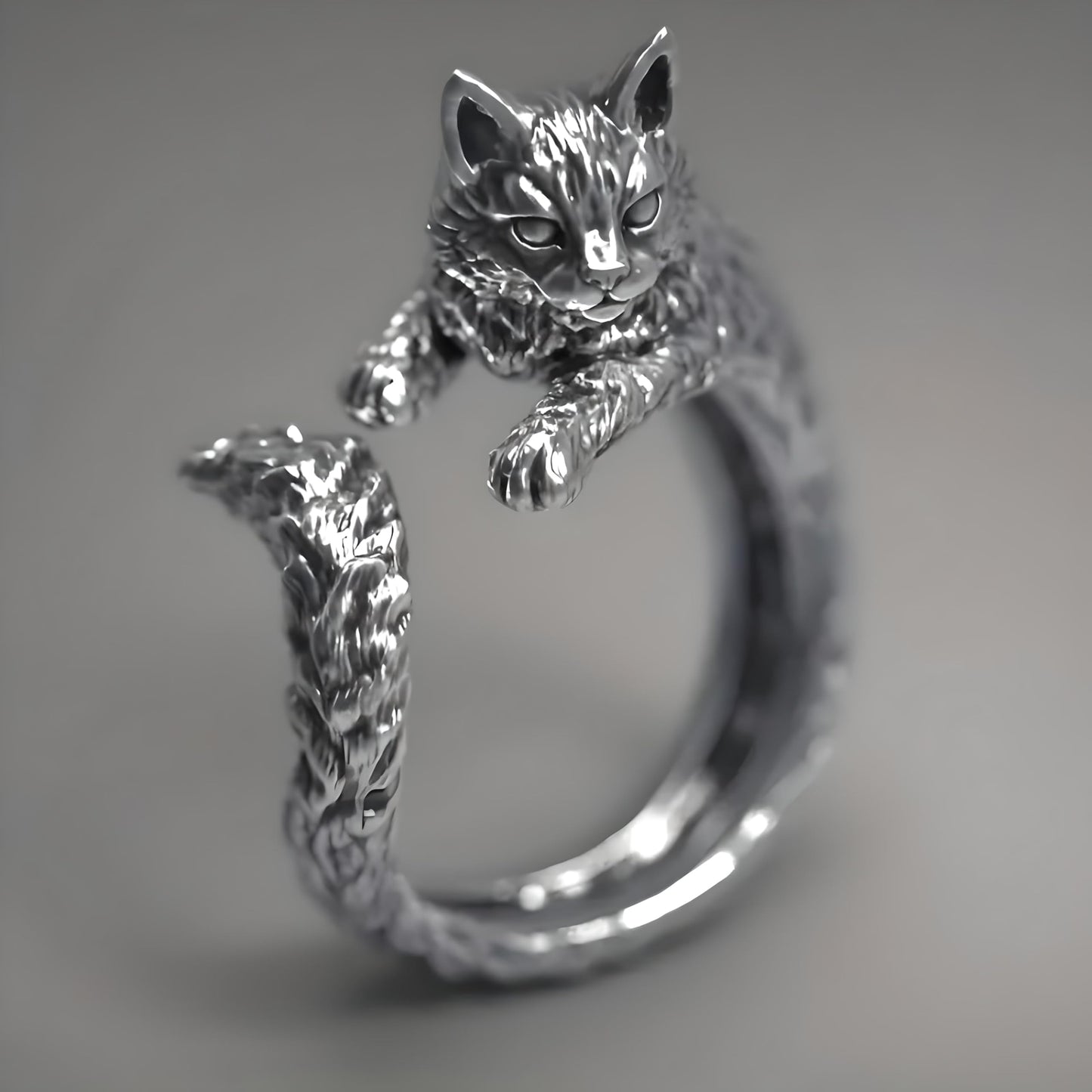 Silver Cat Ring for Men or Women, Unique Zinc Alloy Design, Antique Silver Plating - Adjustbale Stainless Steel Silver Cat Ring - Christmas or Birthday Gift