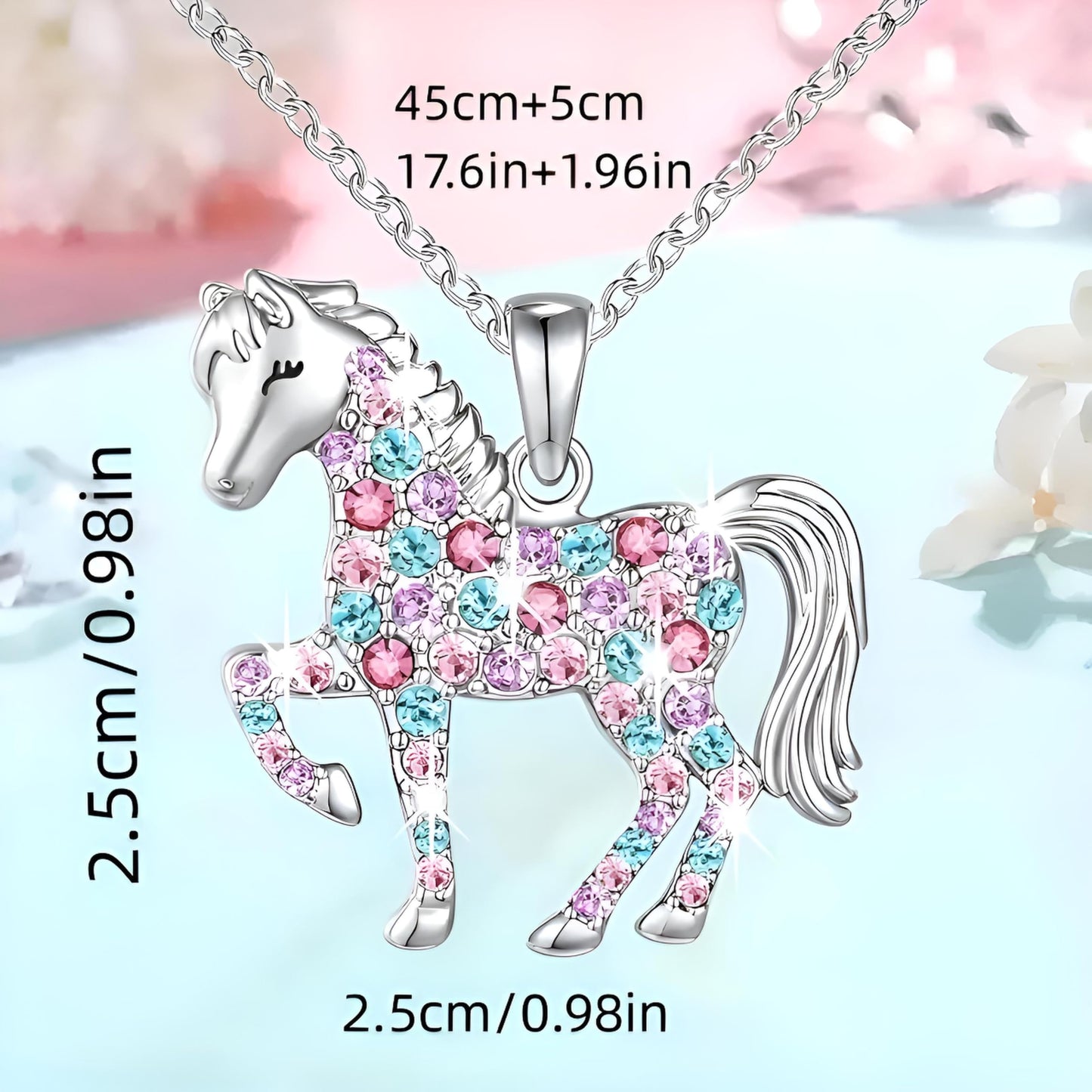 SUPAC Crystal Horse Pendant Necklace, Pink and Blue Rhinestones, Silver Chain, 17.6 inches