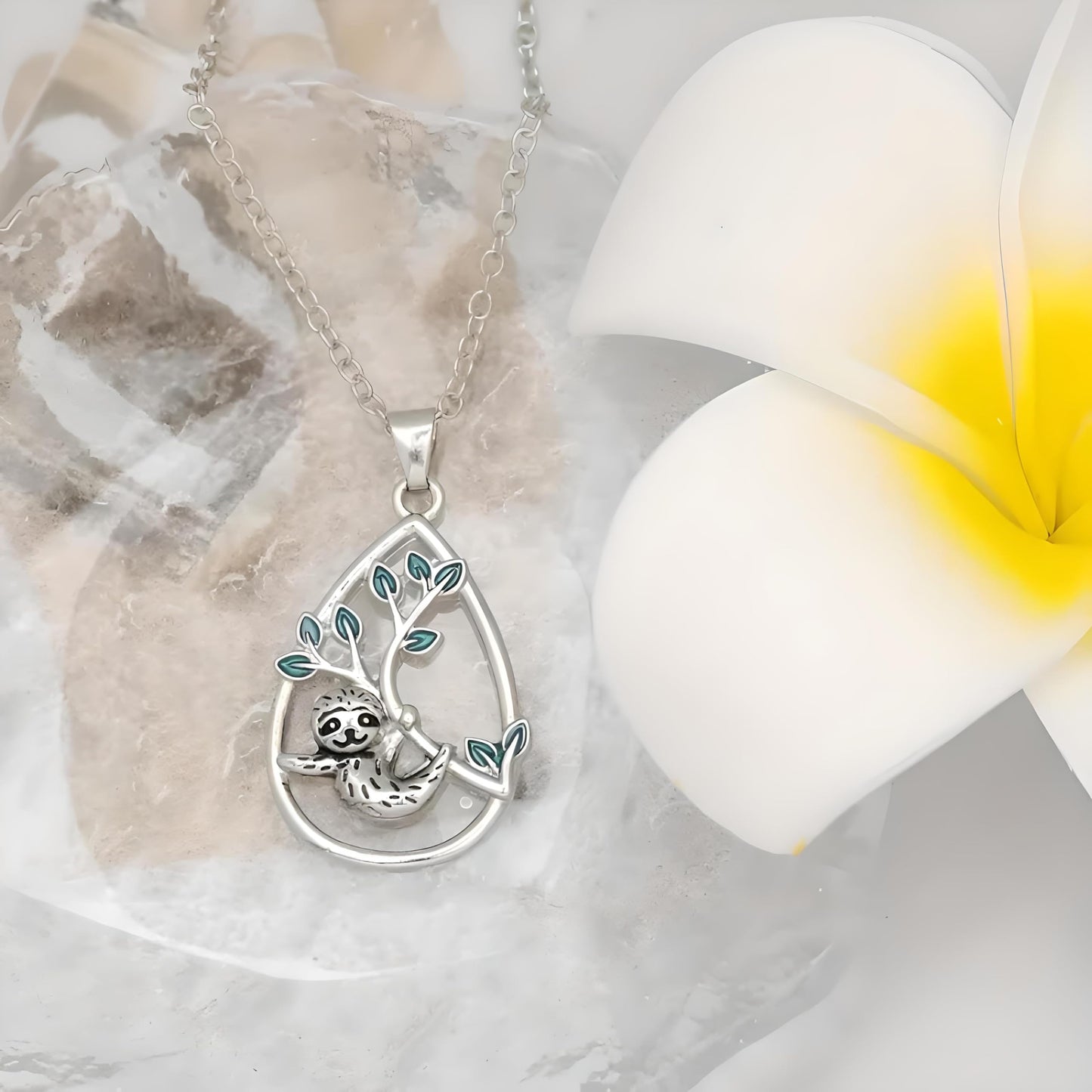 Sloth Jewelry Set, Sterling Silver Teardrop Pendant Necklace, Earrings, Bracelet and Keychain with Green Leaf Design