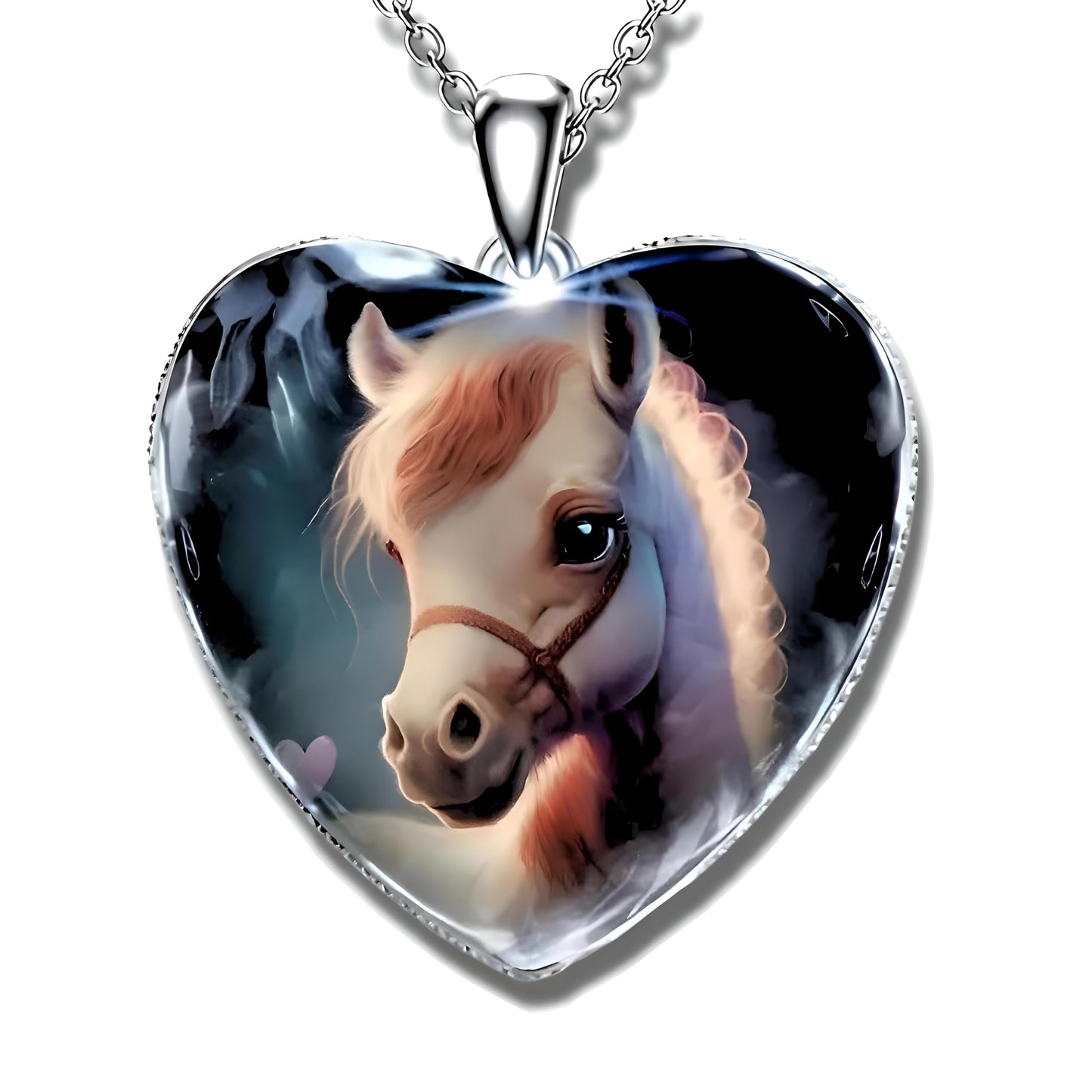 Heart-Shaped Pony Necklace, Cute Animal Glass Pendant with Stainless Steel Chain- Christmas, Holiday, or Birthday Gift
