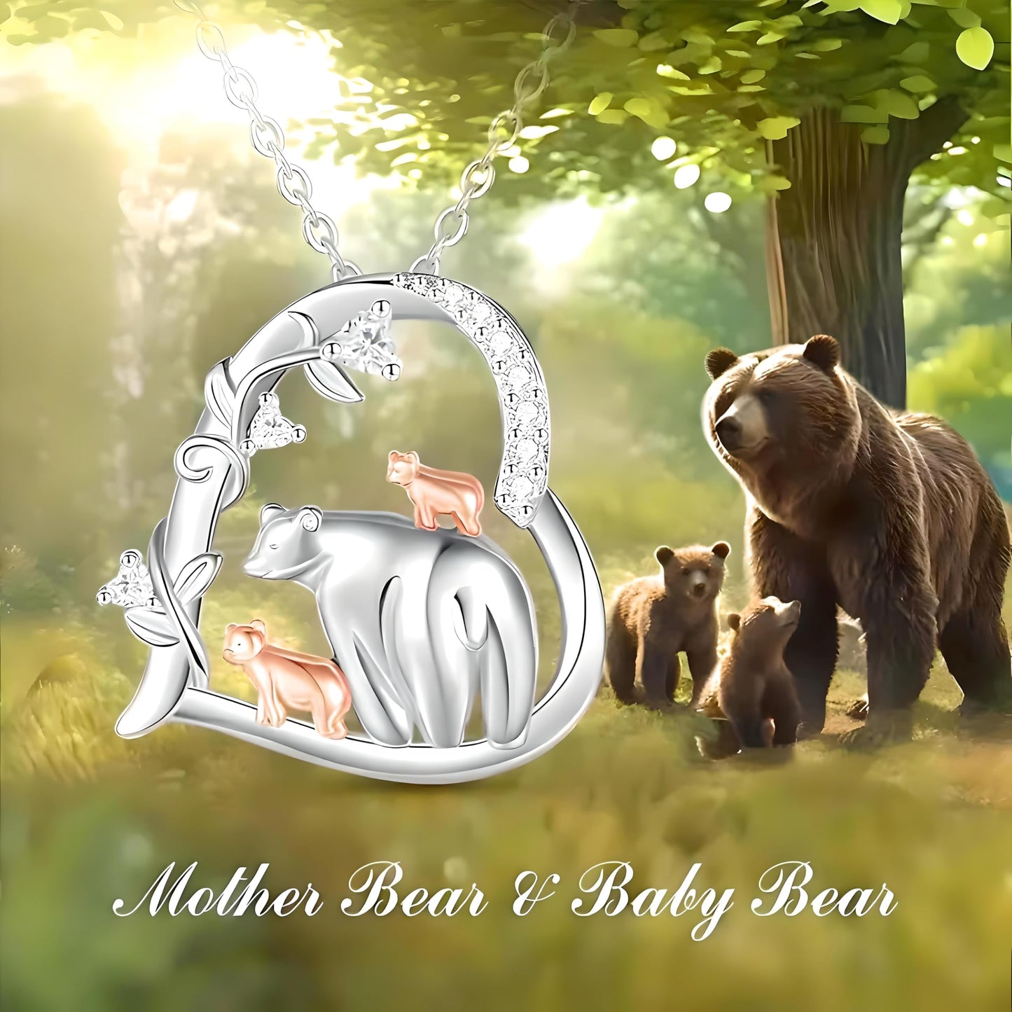 Heart-Shaped Mama Bear with Her Two Cubs Pendant Necklace for Women, Silver Plated, Synthetic Gemstones