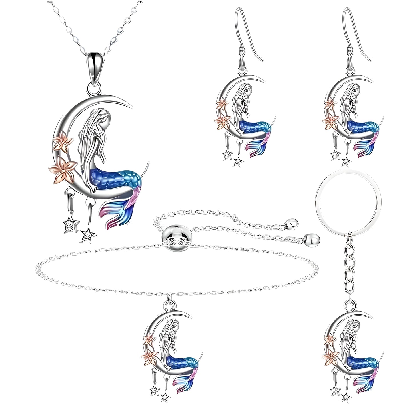 Mermaid Moon Jewelry Set, Stainless Steel, 4-Piece with Necklace, Bracelet, Earrings and Ring, Blue and Pink - Mermaid Gift