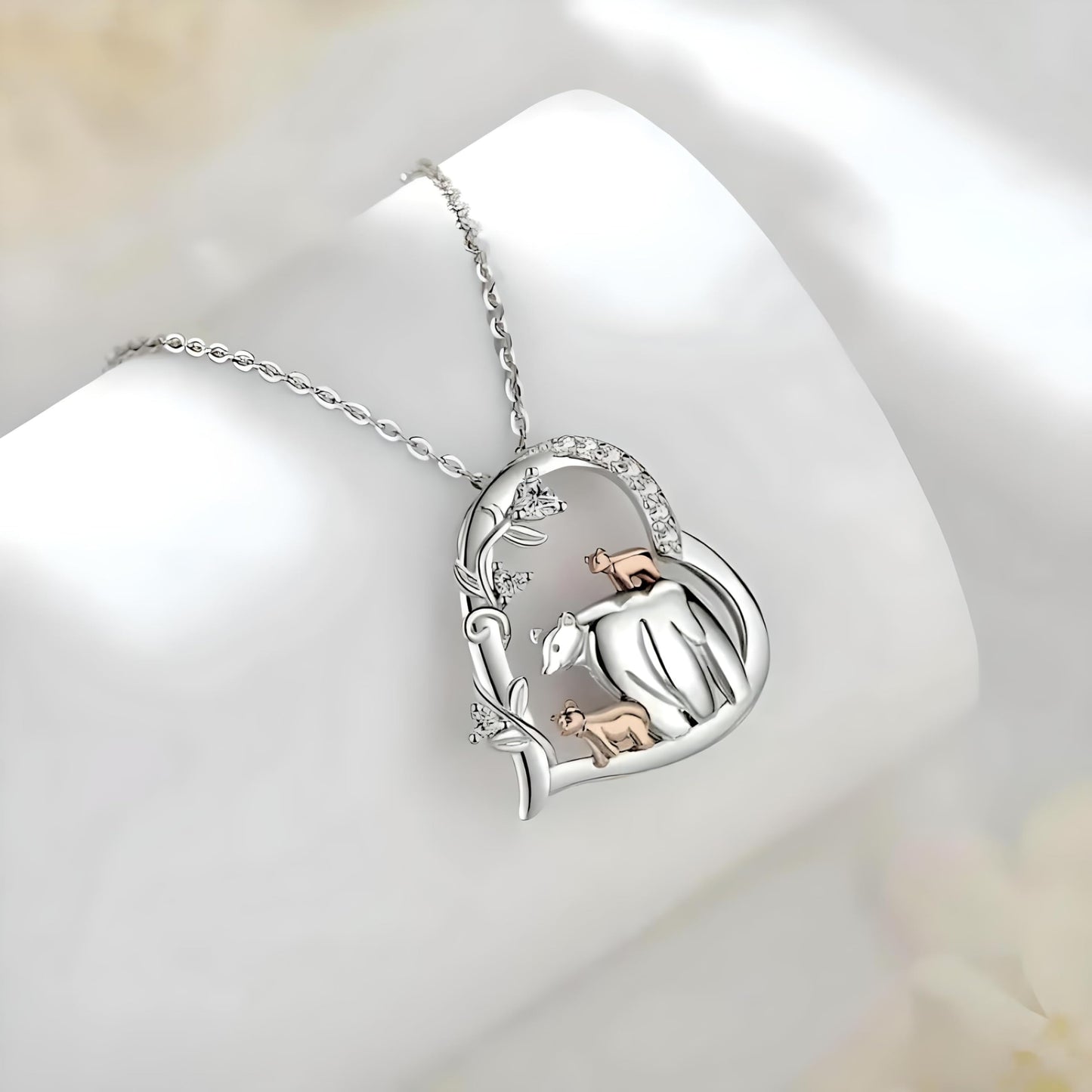 Heart-Shaped Mama Bear with Her Two Cubs Pendant Necklace for Women, Silver Plated, Synthetic Gemstones