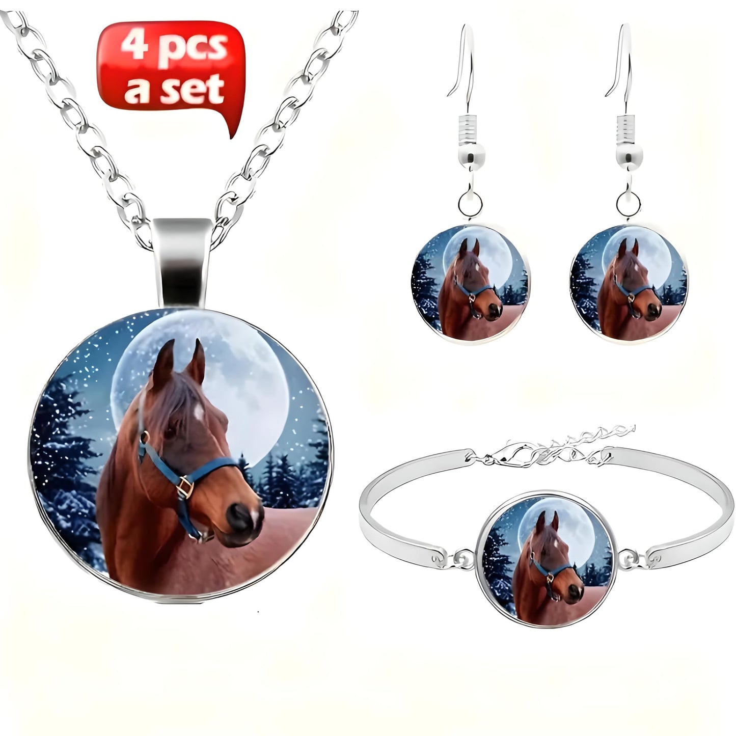 Horse Jewelry Set with Necklace, Bracelet and Earrings, Winter Moon Design, 4 Pieces, Silver
