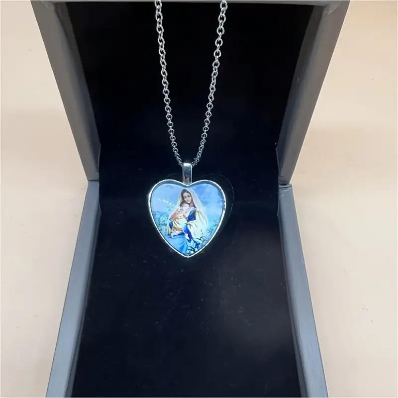 Glass Mother Mary Image with Heart Pendant Necklace, Stainless Steel Chain - Holiday, Christmas, or Birthday Gift